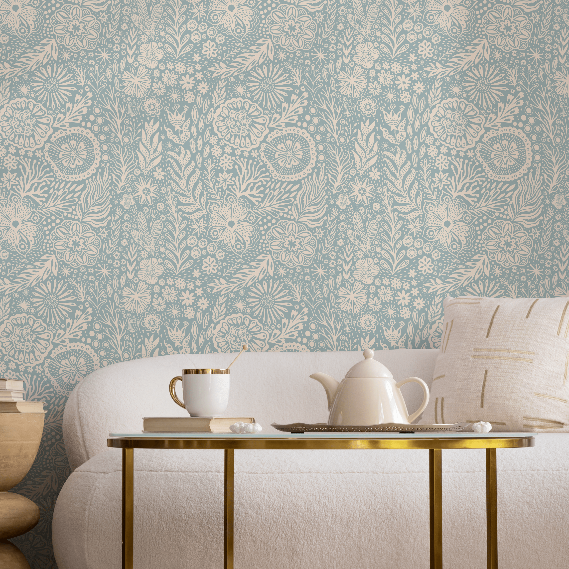 Floral Wallpaper With A Whimsical Folk Art Motif In Blue And Cream - C435