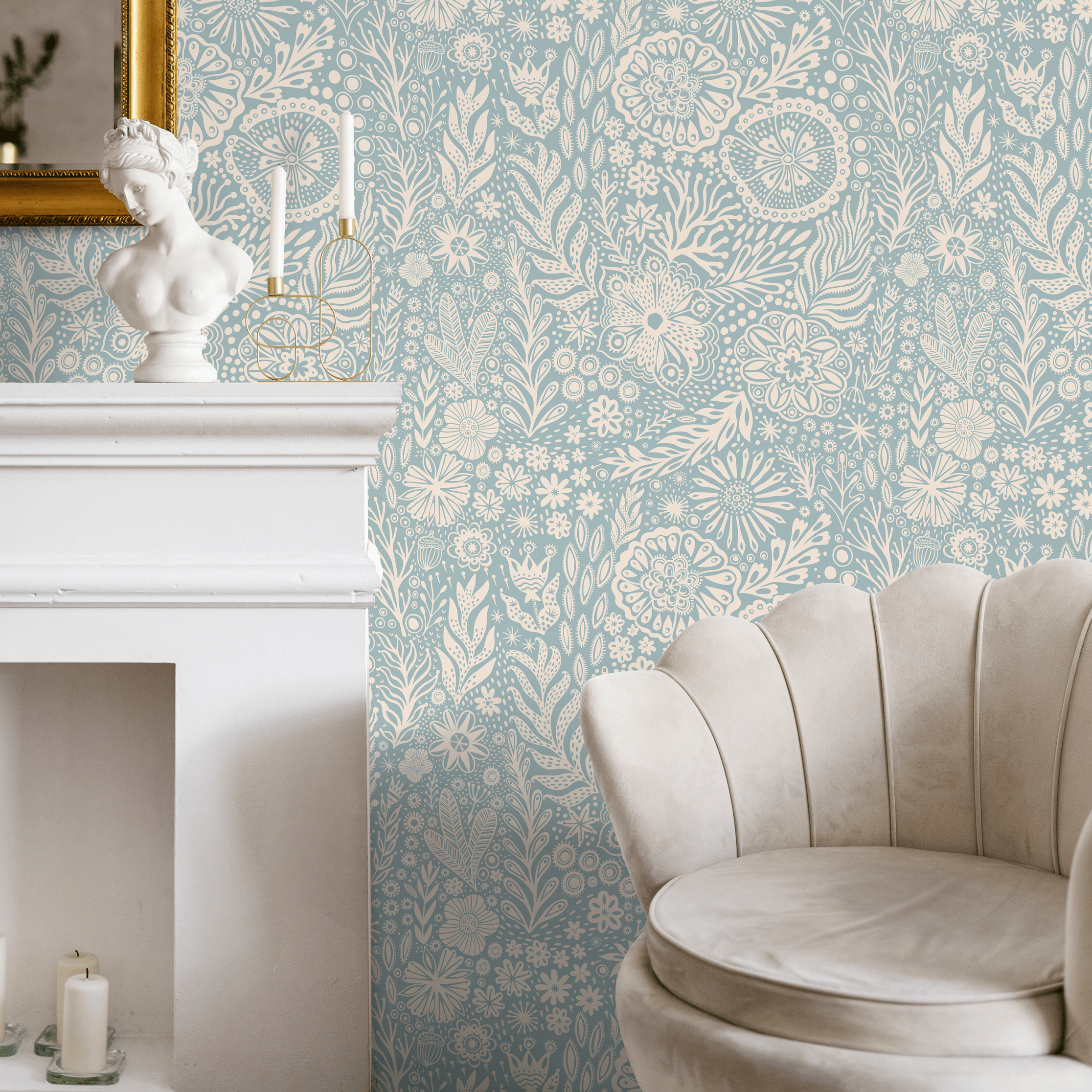 Floral Wallpaper With A Whimsical Folk Art Motif In Blue And Cream - C435