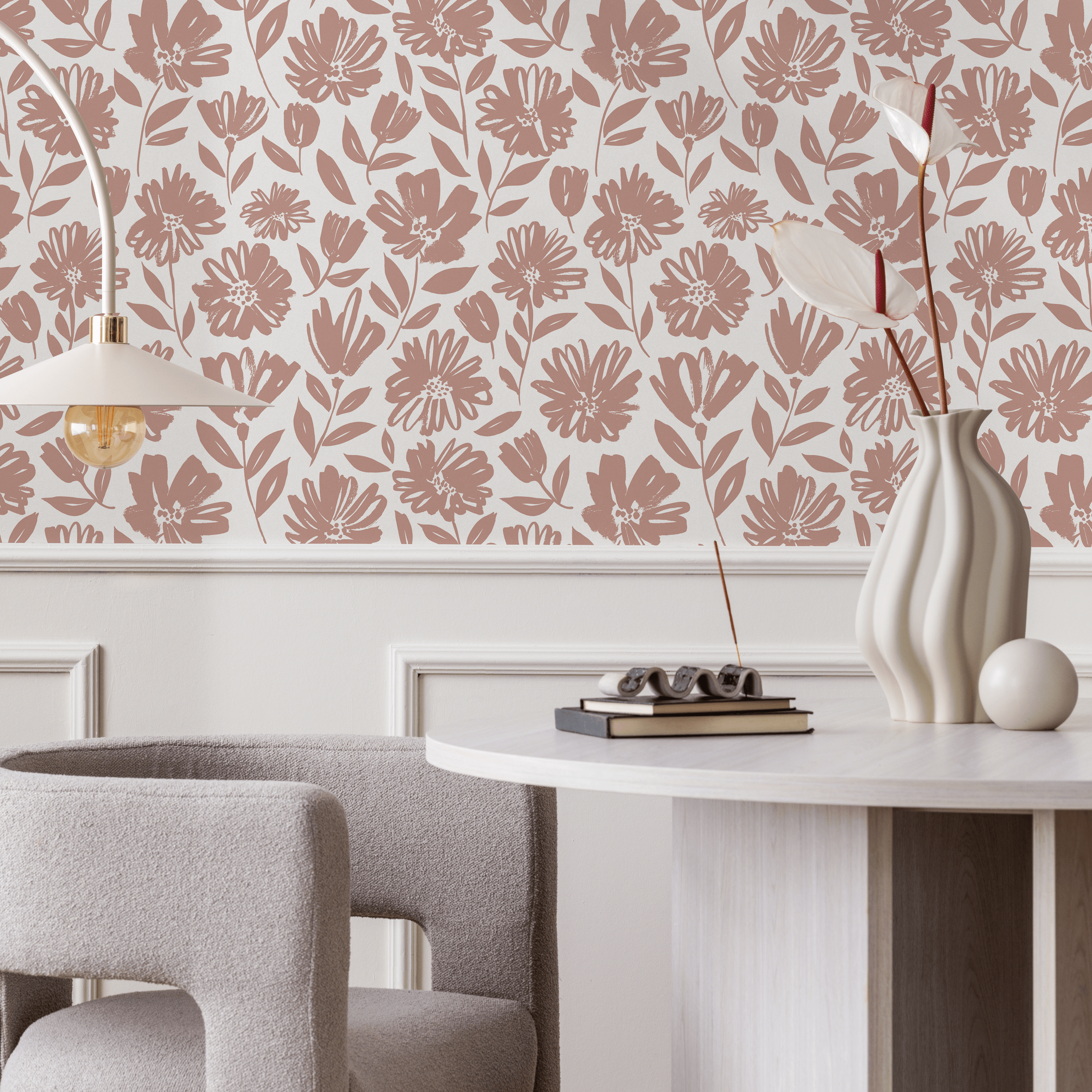 Floral Wallpaper With Stylized Wildflowers In Pink - C436