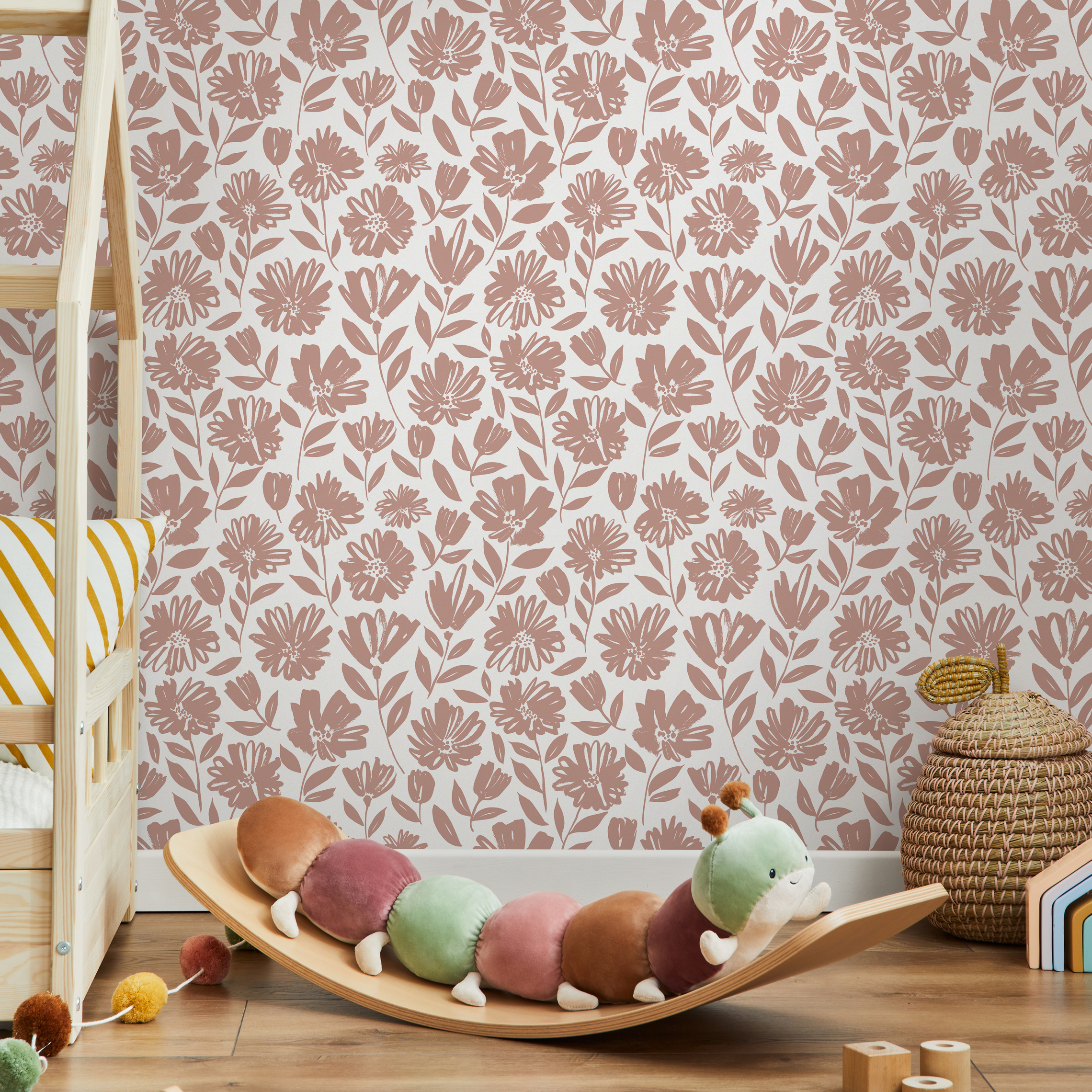 Floral Wallpaper With Stylized Wildflowers In Pink - C436