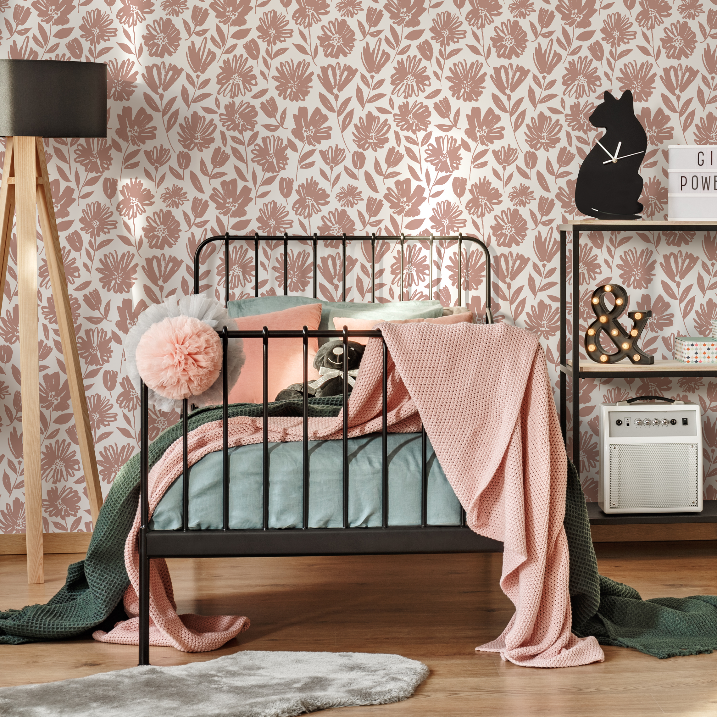 Floral Wallpaper With Stylized Wildflowers In Pink - C436