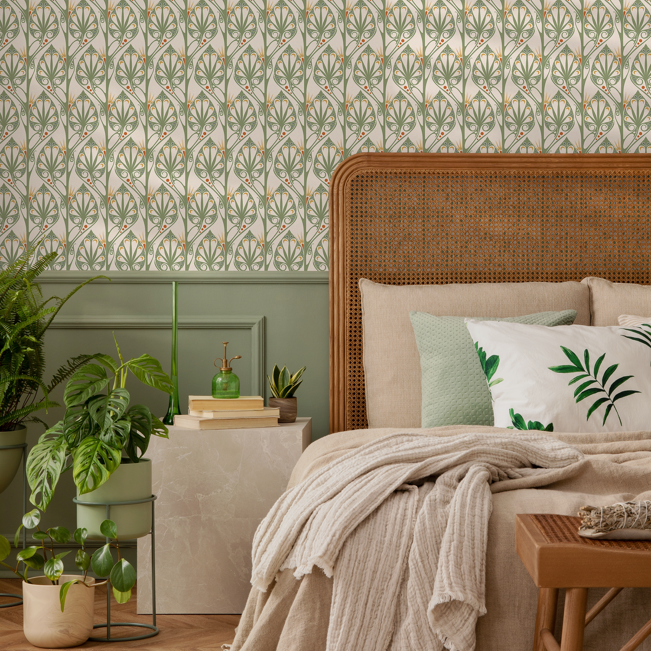 Art Deco Wallpaper With Stylized Botanicals In Green And Orange - C437