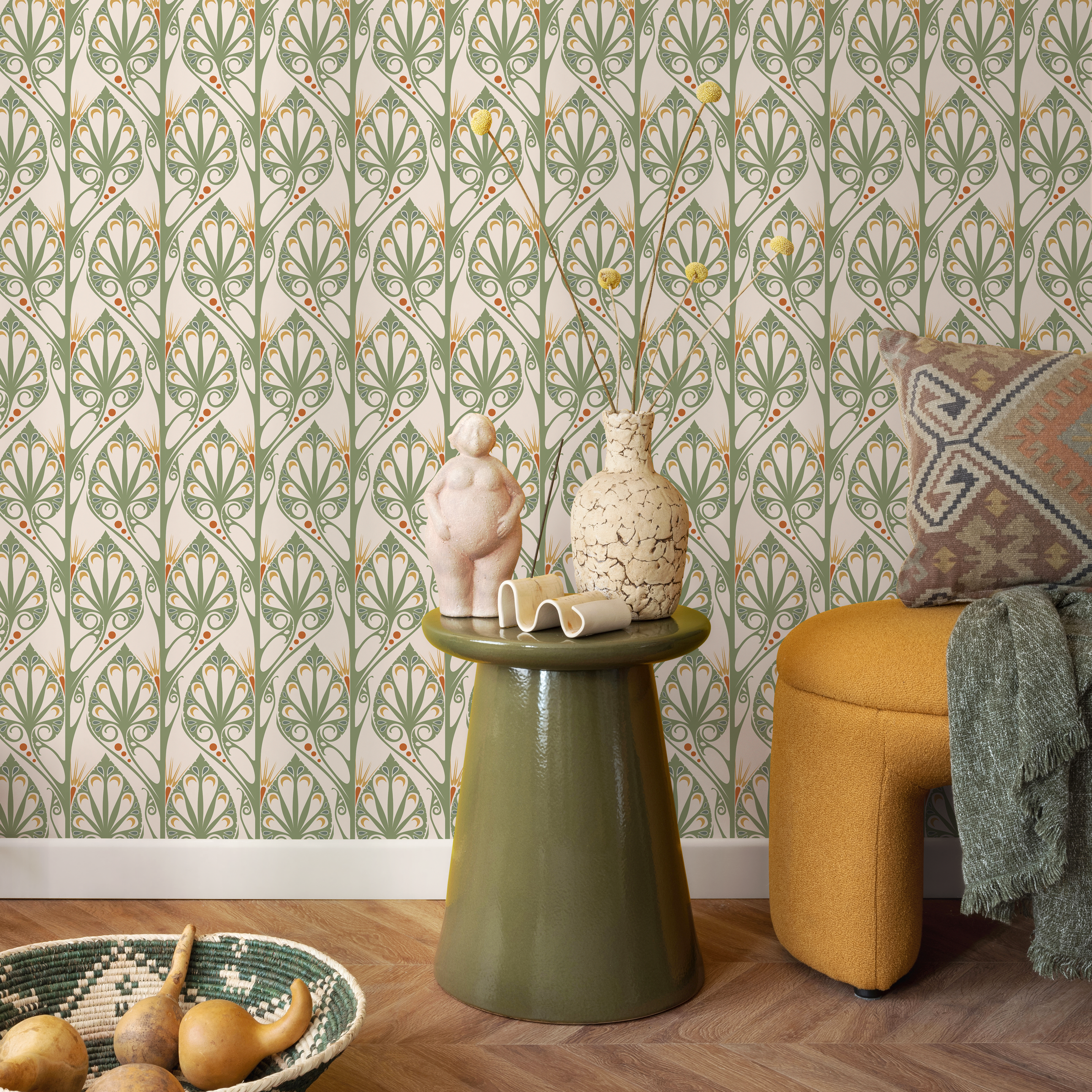 Art Deco Wallpaper With Stylized Botanicals In Green And Orange - C437