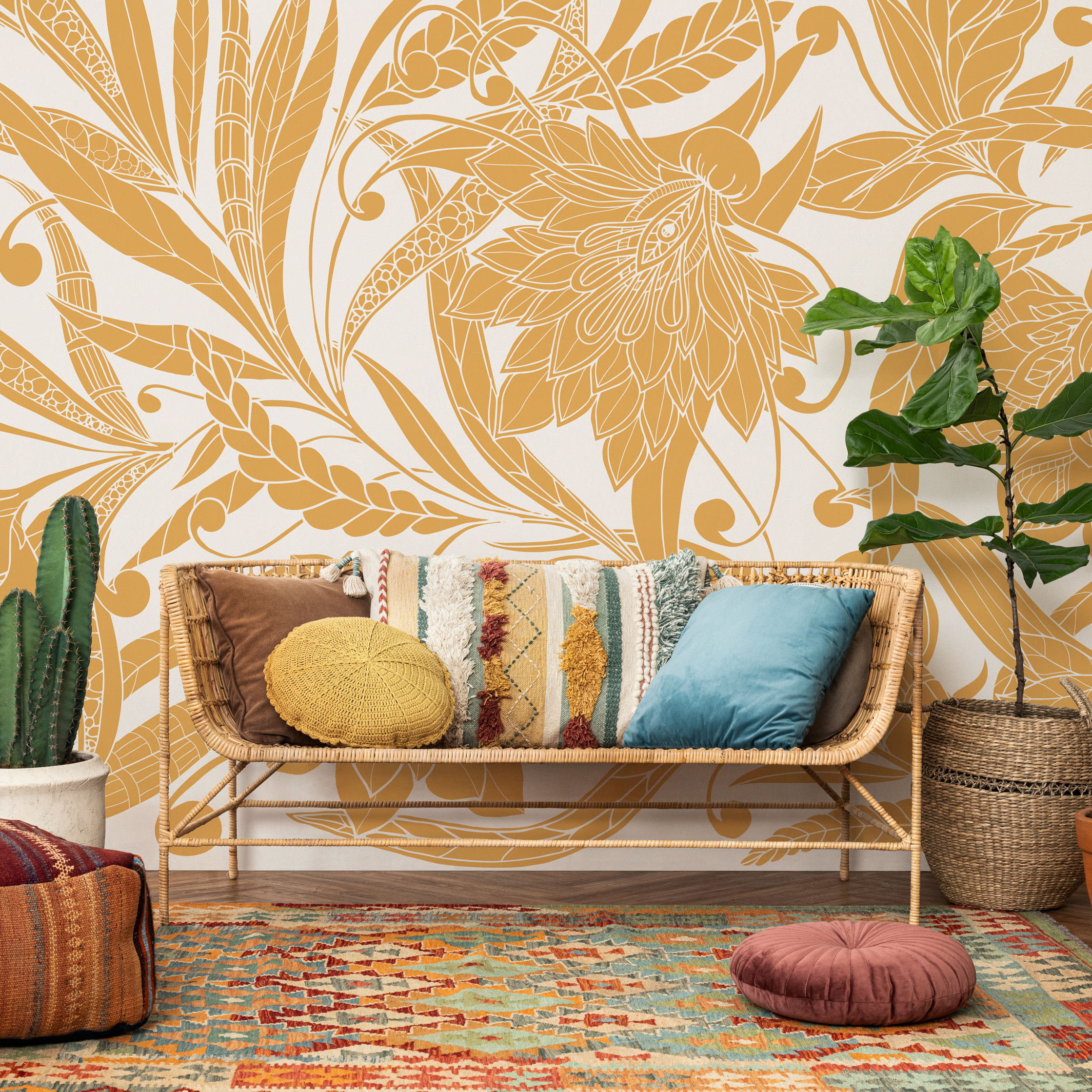 Art Nouveau Wallpaper With A Stylized Floral Motif In Yellow And White - C438