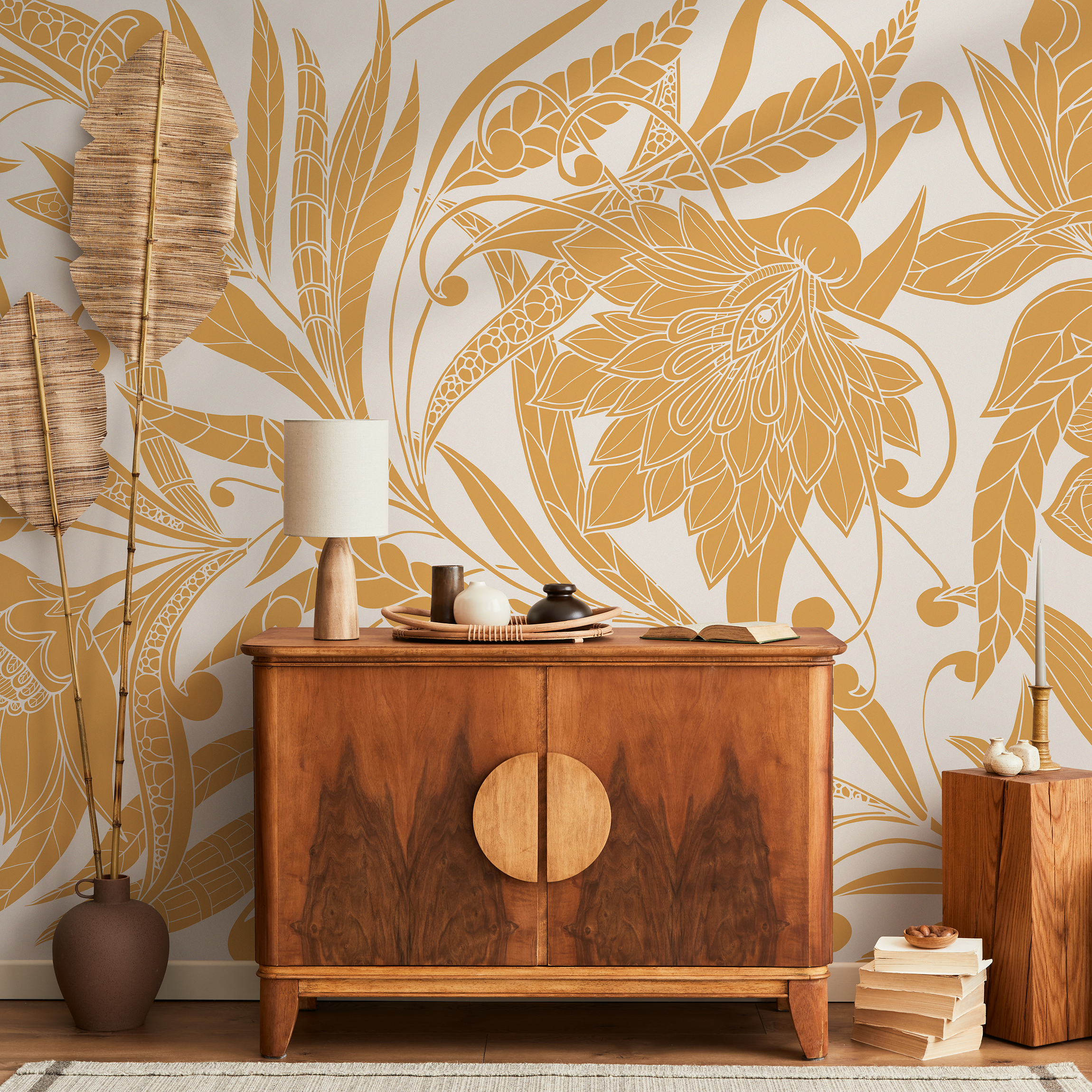 Art Nouveau Wallpaper With A Stylized Floral Motif In Yellow And White - C438