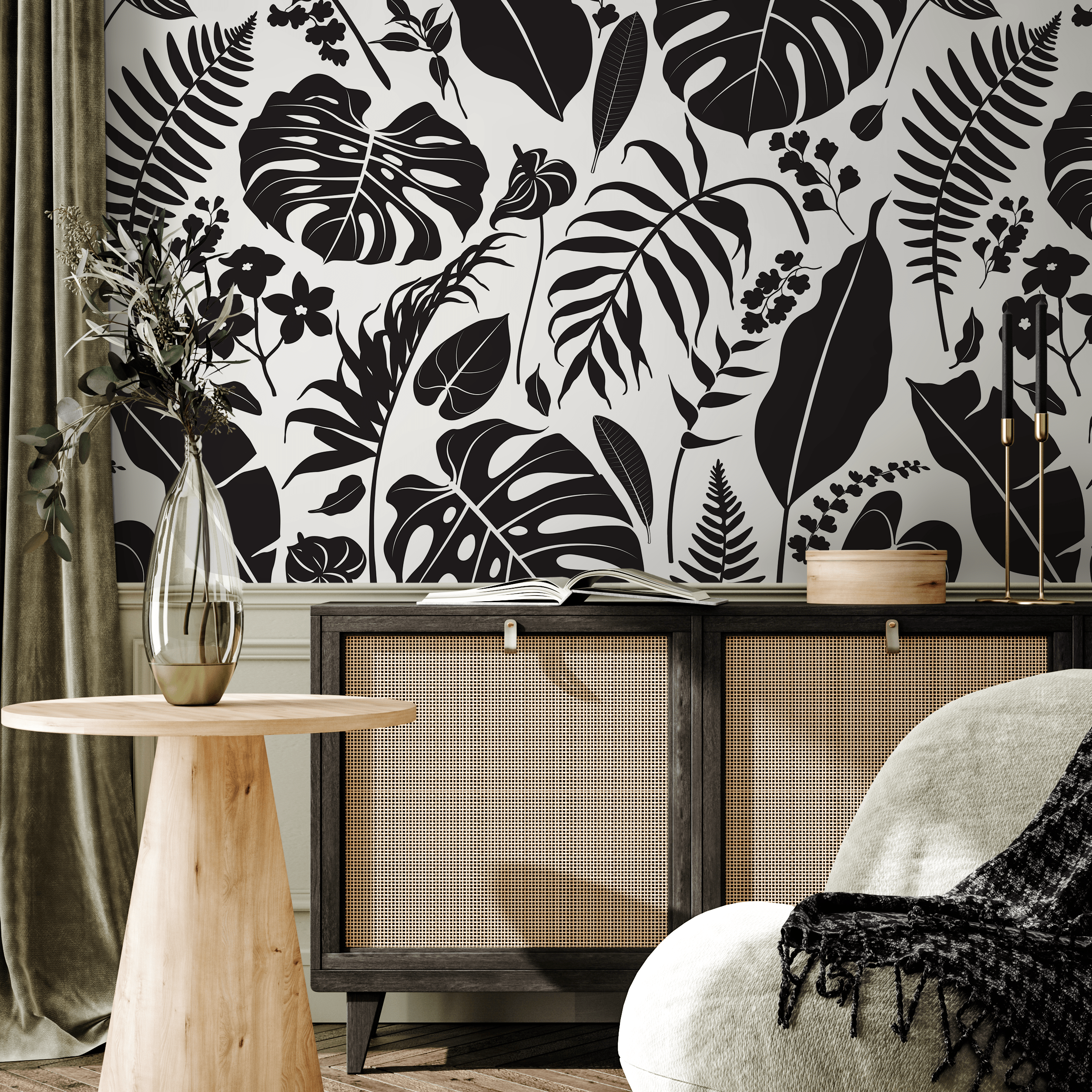 Botanical Wallpaper With Tropical Jungle Leaves In Black And White - C439