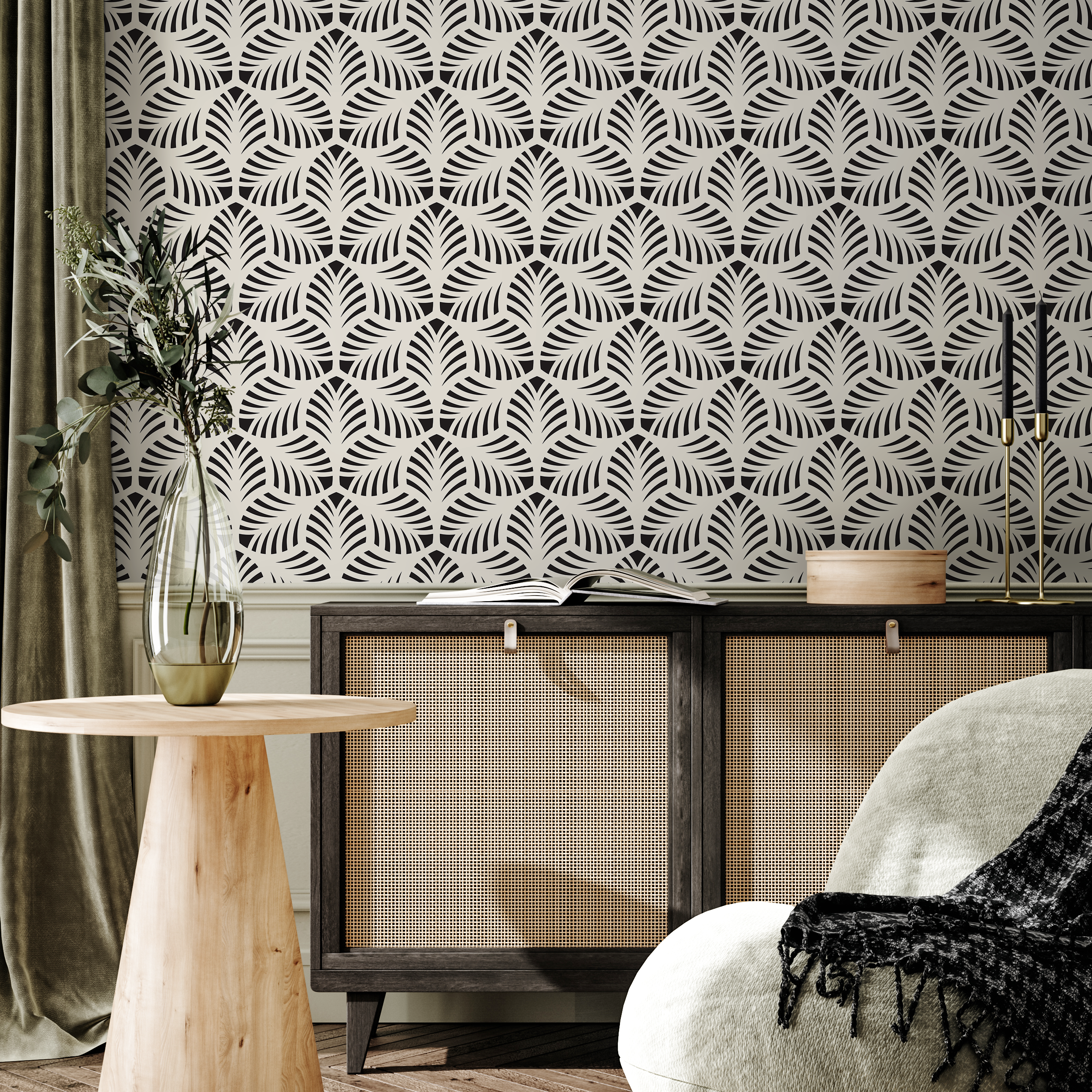 Art Deco Wallpaper With A Geometric Fan Pattern In Black And Cream - C440