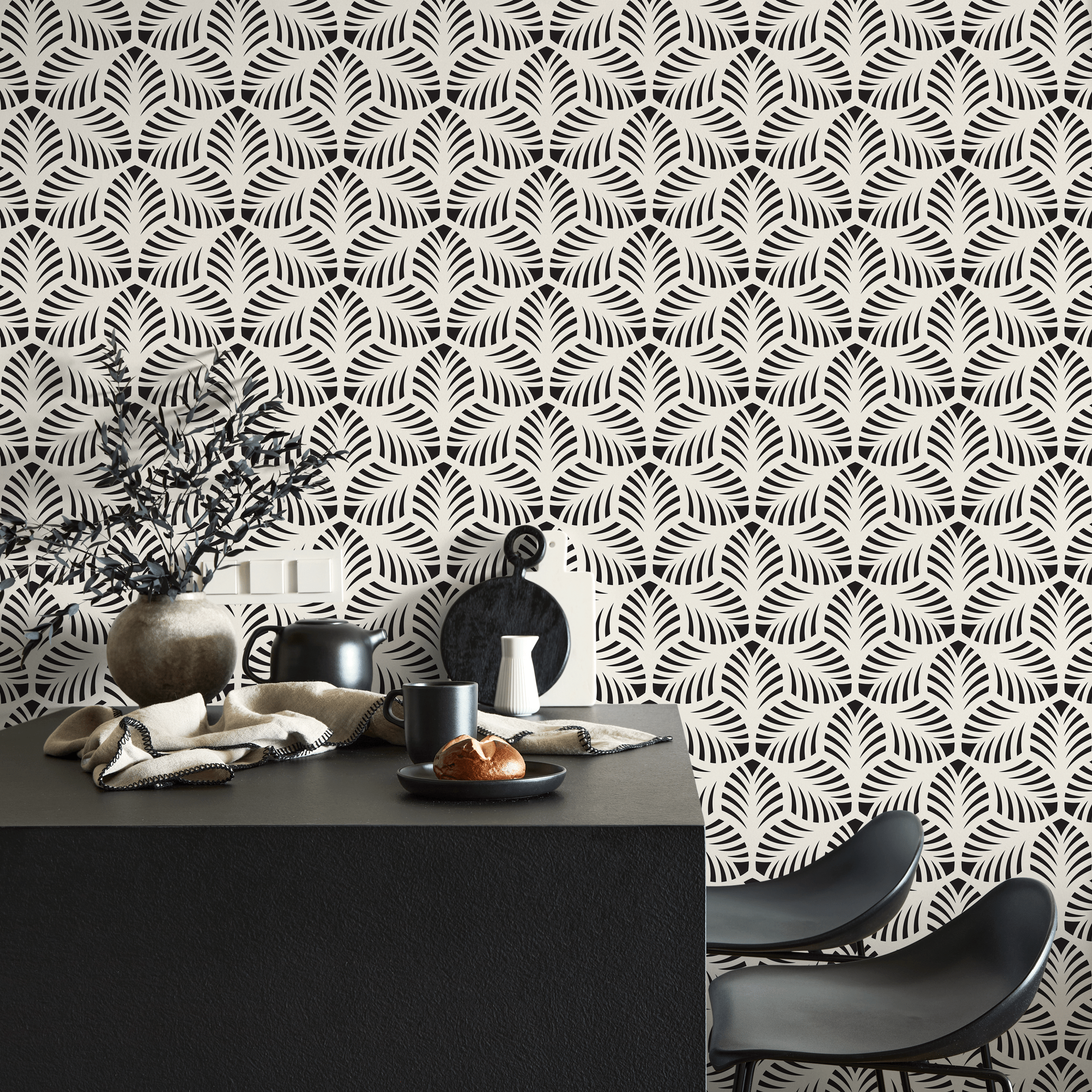 Art Deco Wallpaper With A Geometric Fan Pattern In Black And Cream - C440