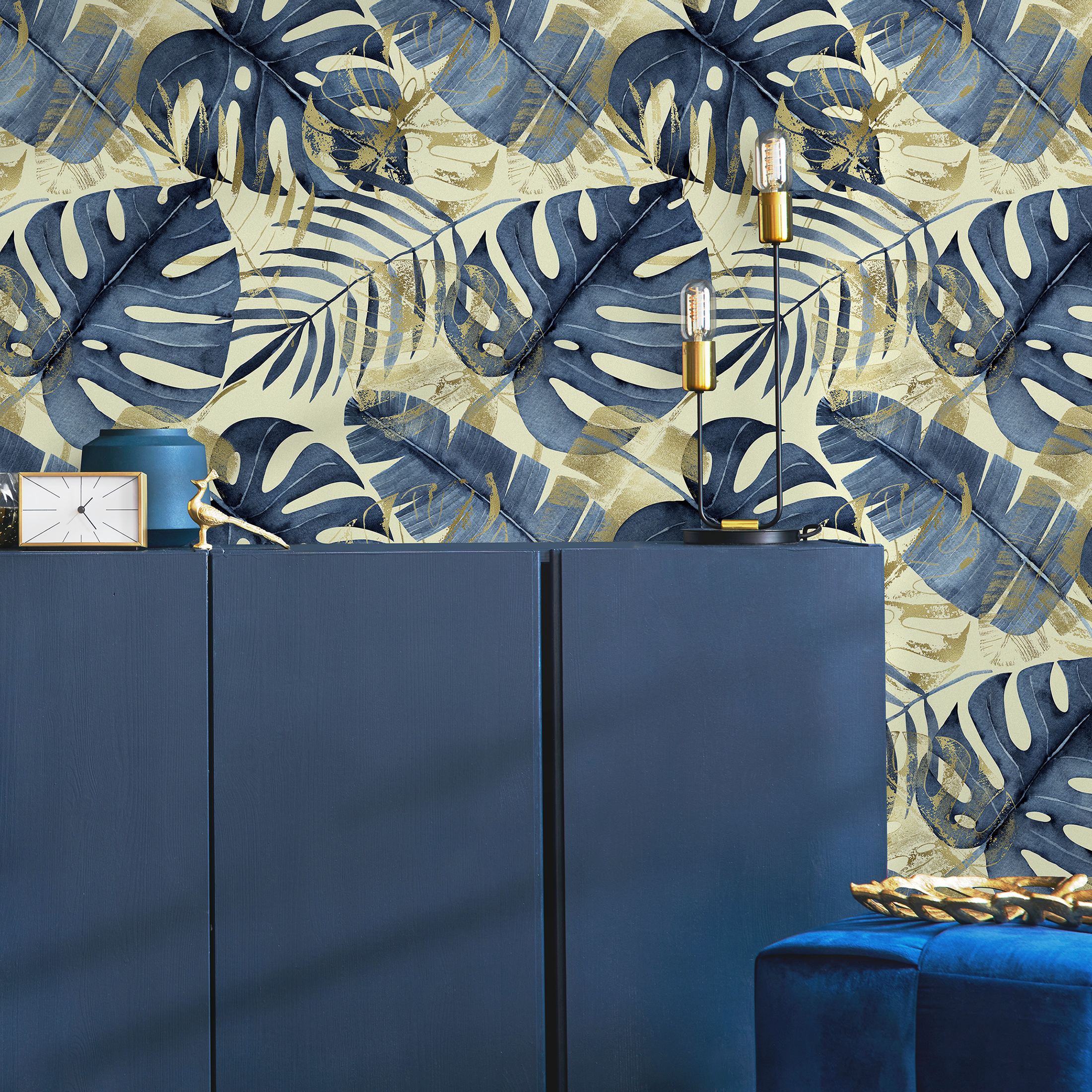 Botanical Wallpaper With Tropical Leaves In Navy Blue And Gold - C441
