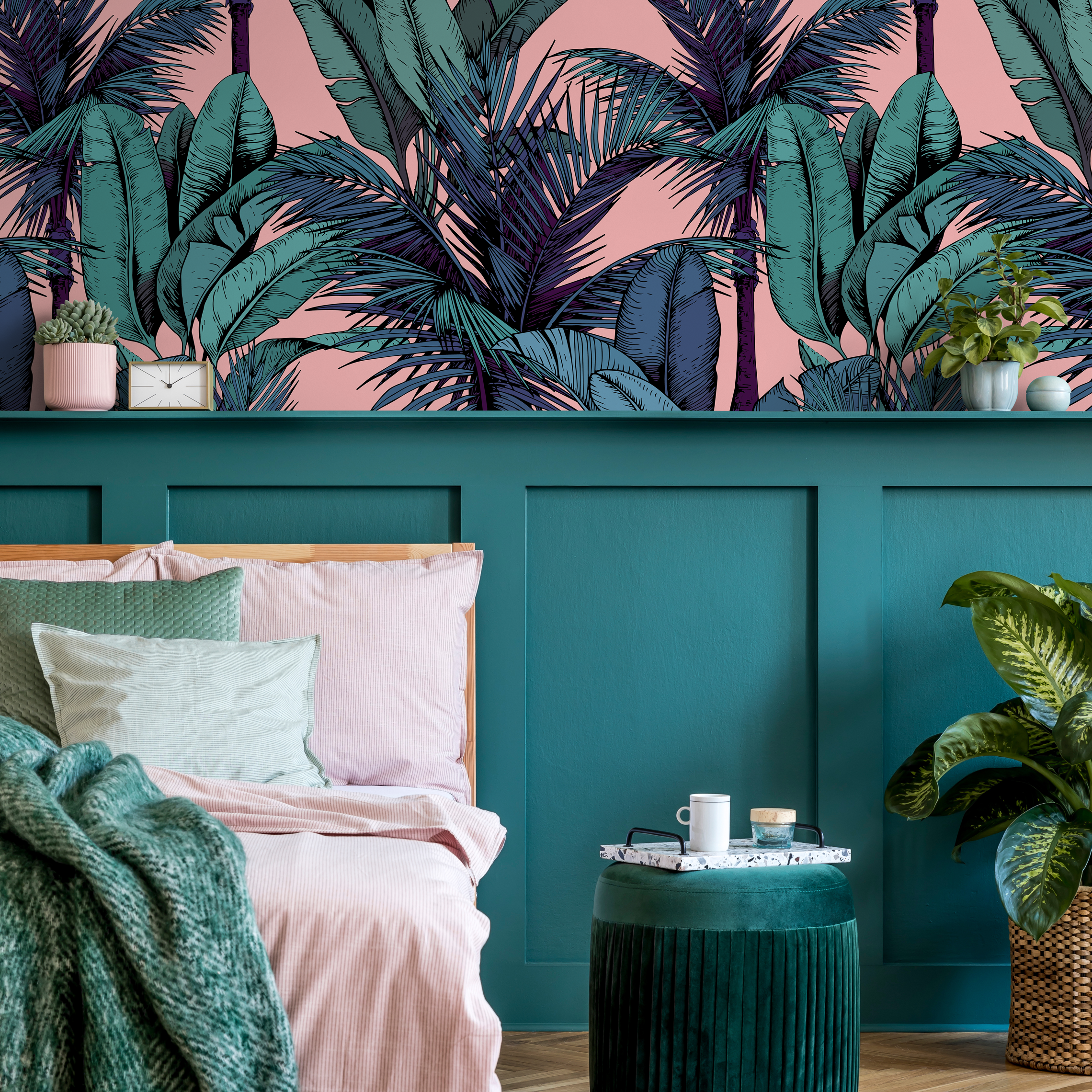 Tropical Wallpaper With Illustrated Palm Trees In Pink, Green, And Blue - C442