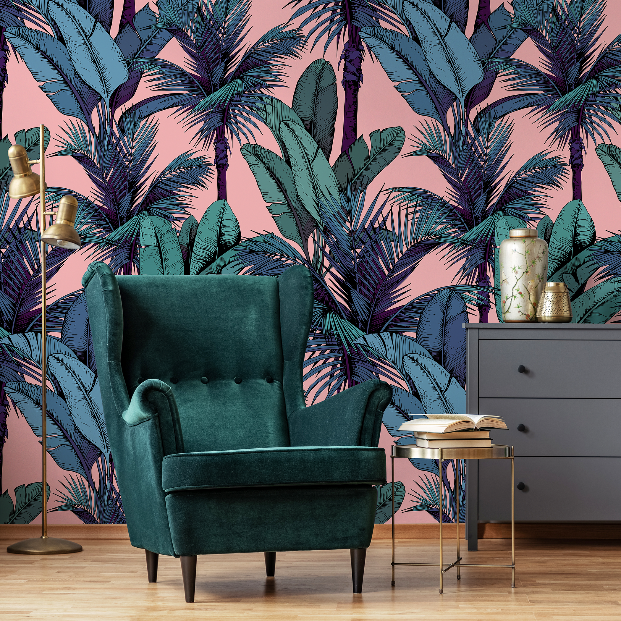 Tropical Wallpaper With Illustrated Palm Trees In Pink, Green, And Blue - C442
