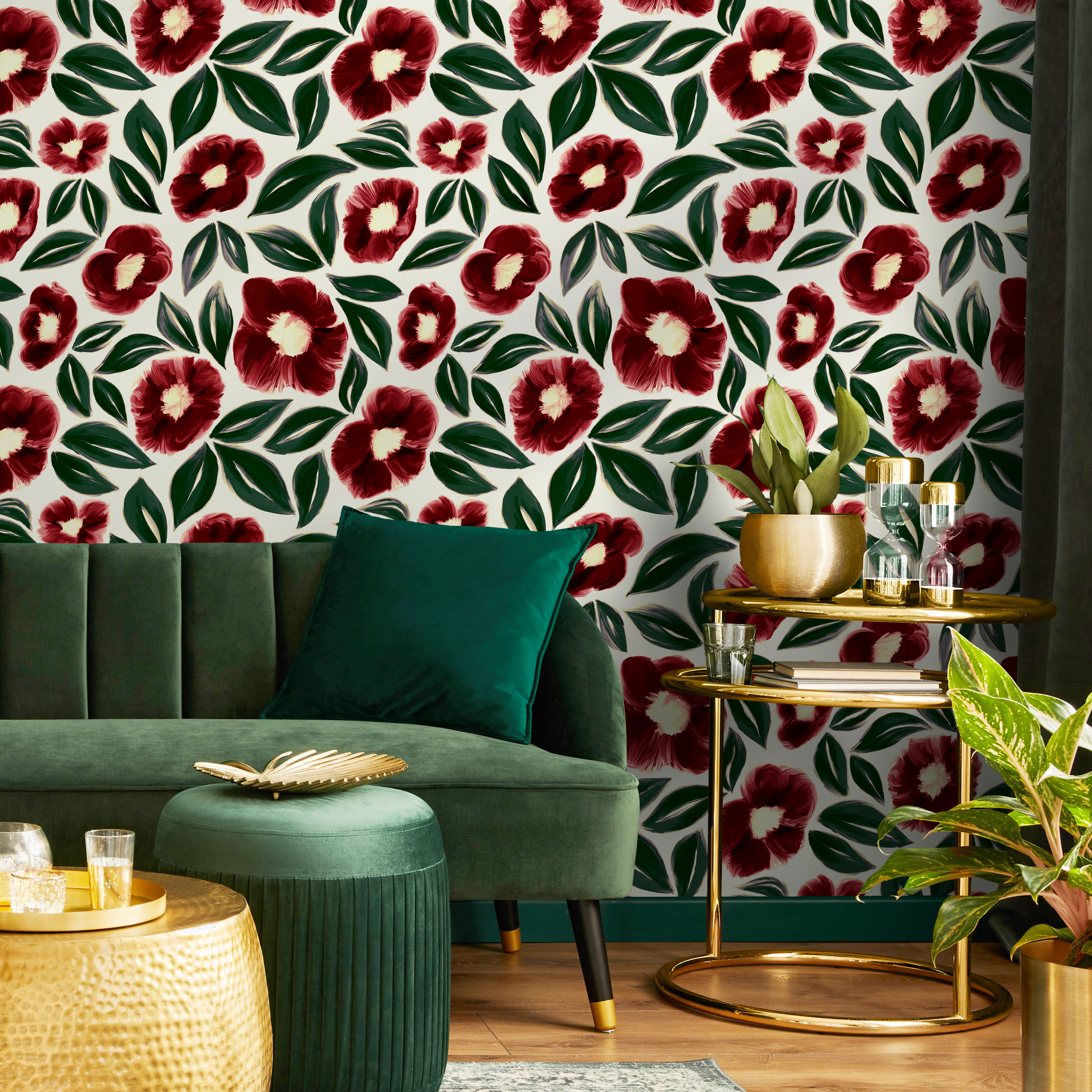 Floral Wallpaper With Painted Anemone Flowers In Red And Green - C443
