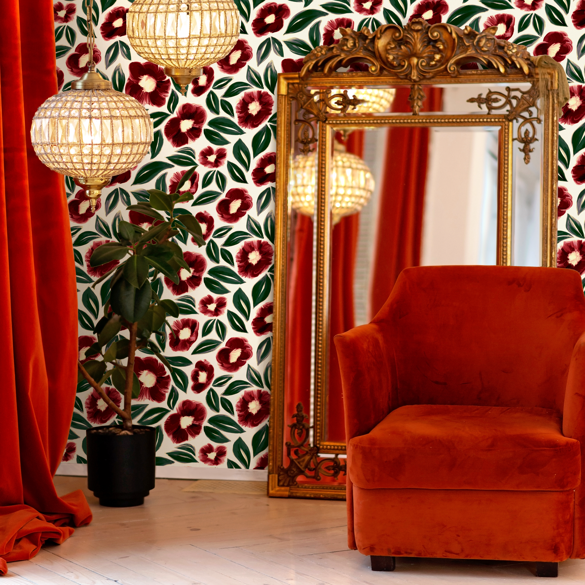 Floral Wallpaper With Painted Anemone Flowers In Red And Green - C443