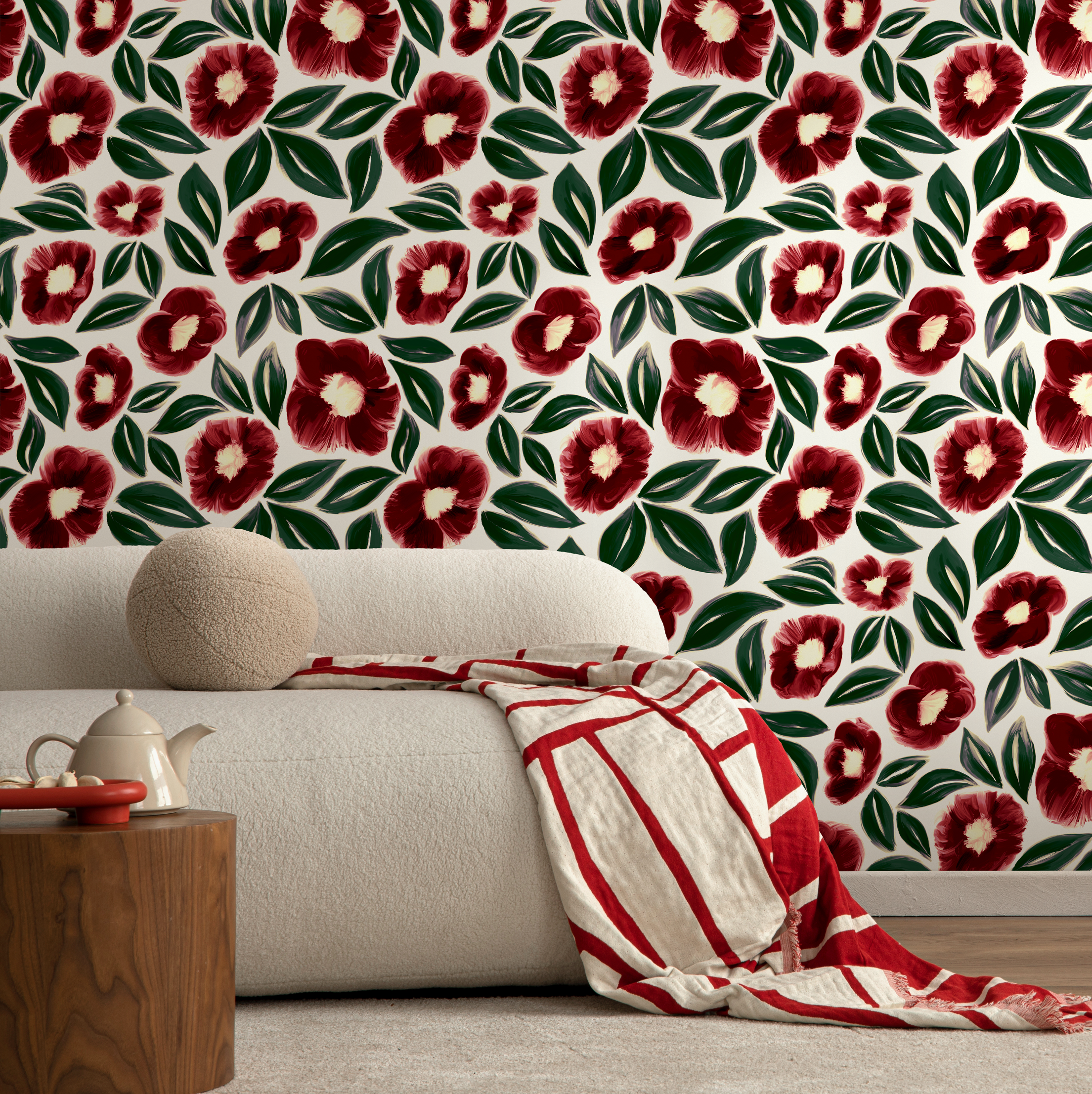 Floral Wallpaper With Painted Anemone Flowers In Red And Green - C443