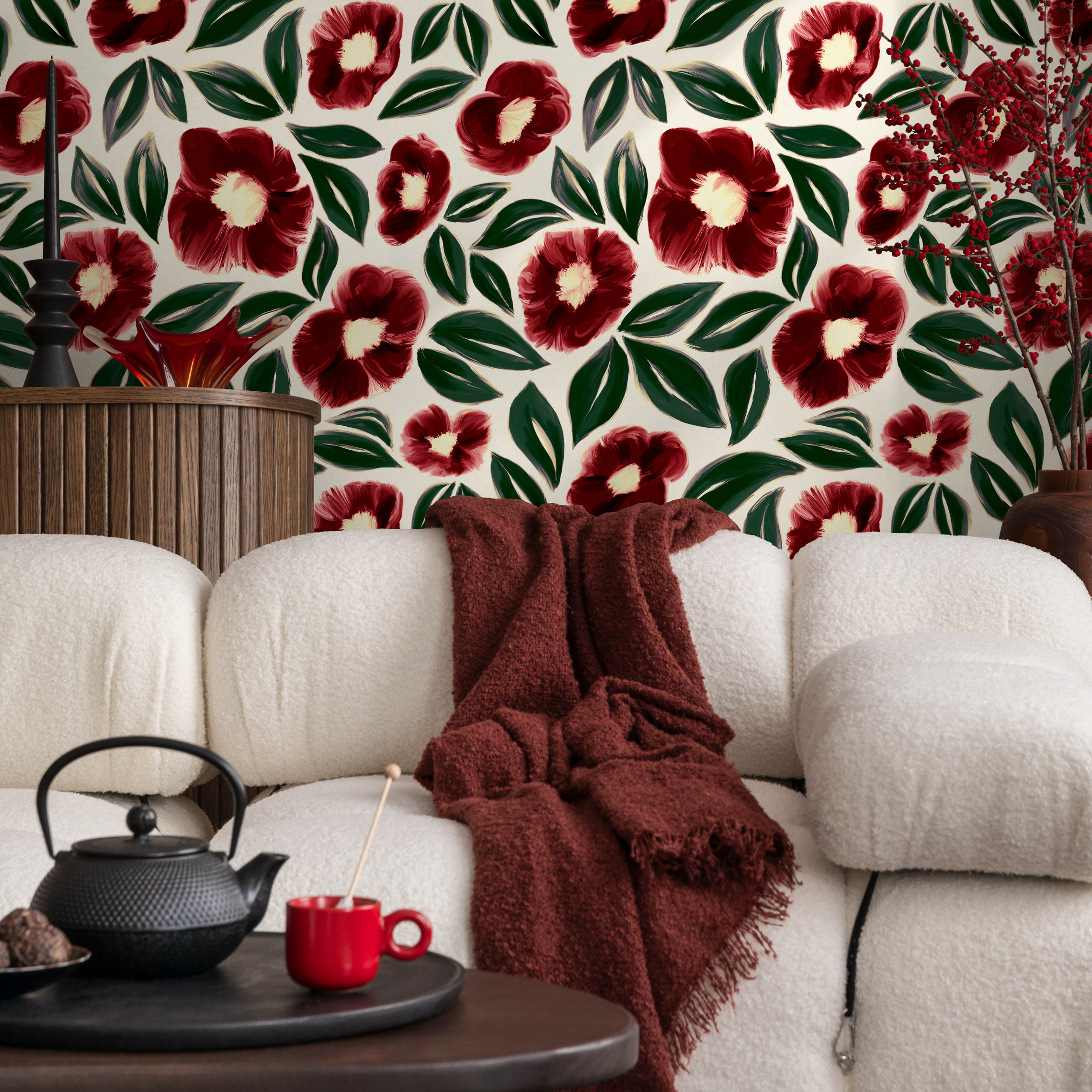 Floral Wallpaper With Painted Anemone Flowers In Red And Green - C443