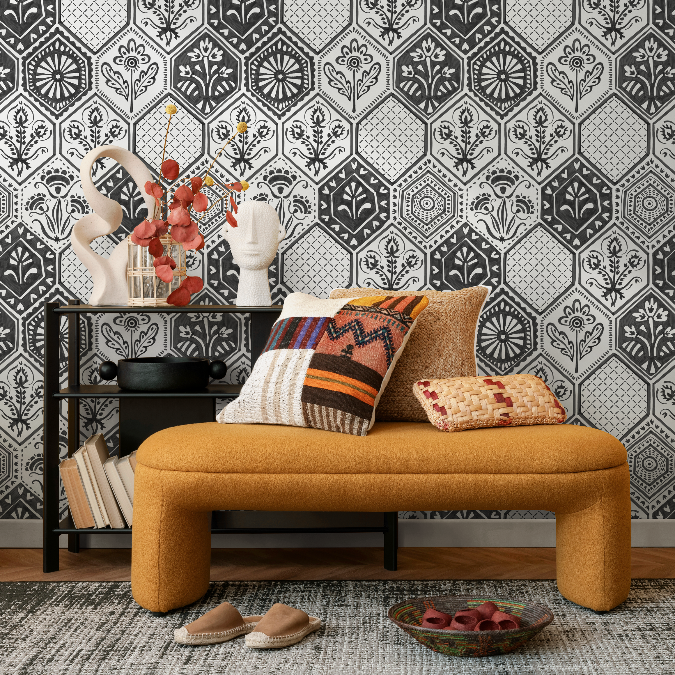 Damask Wallpaper Featuring Intricate Hexagonal Tiles In Black And White - C446