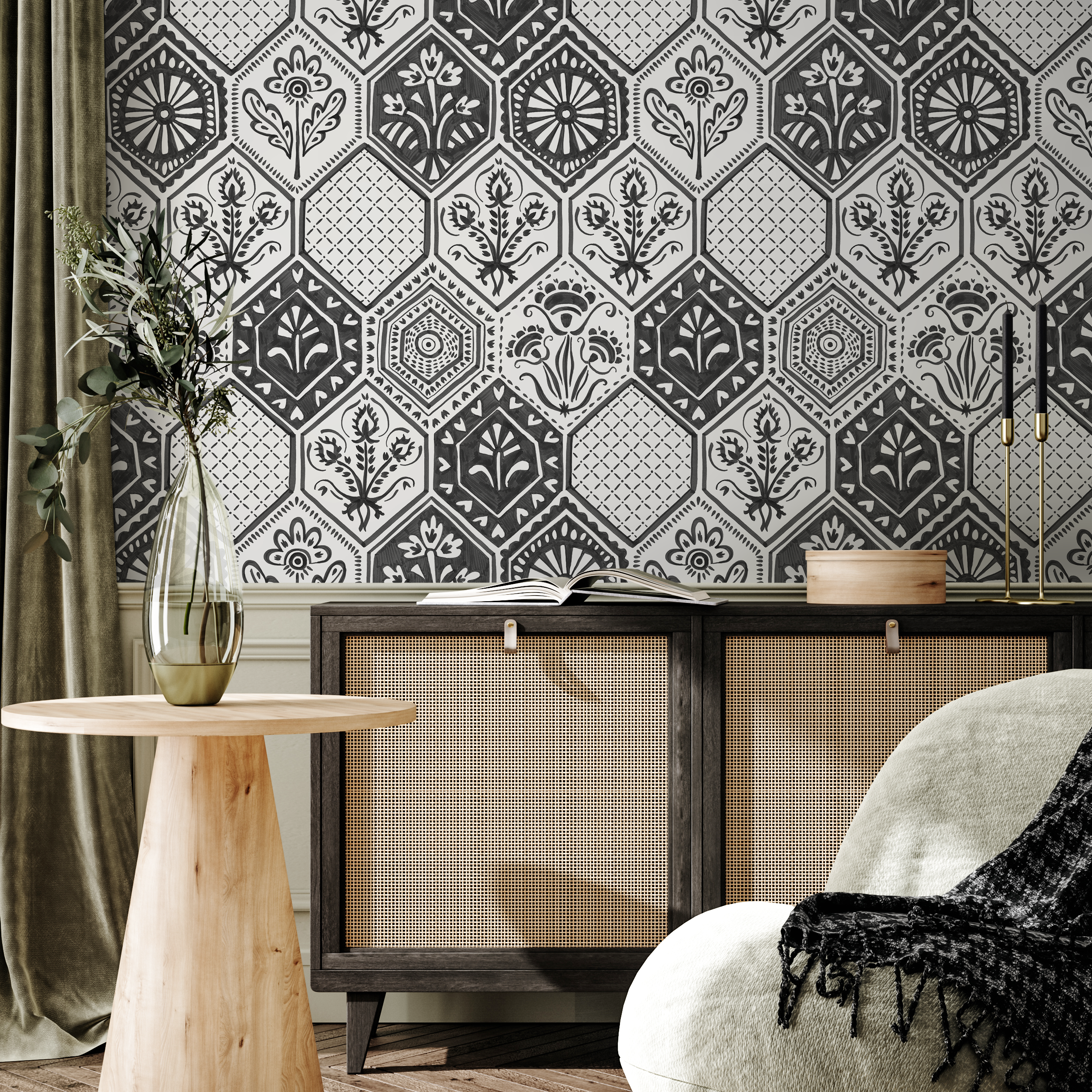 Damask Wallpaper Featuring Intricate Hexagonal Tiles In Black And White - C446