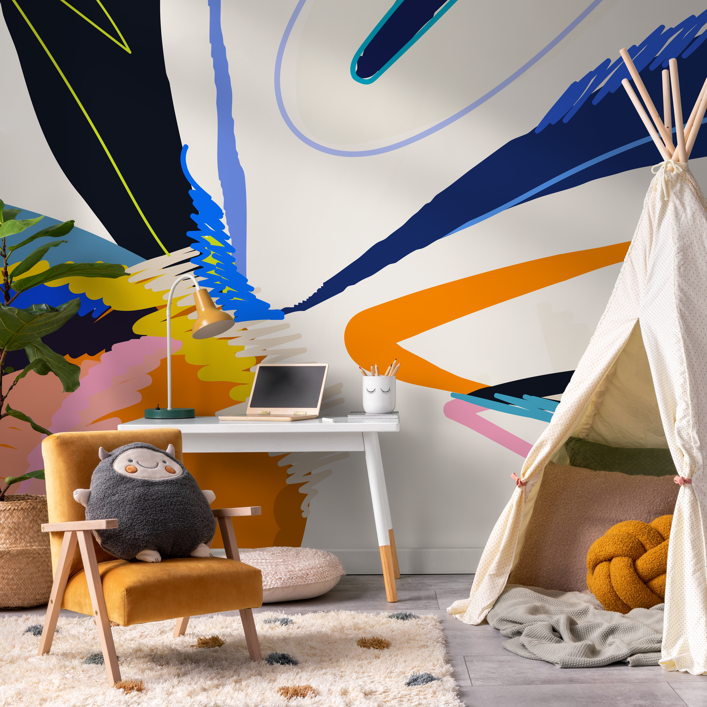 Abstract Wallpaper With Bold Brushstrokes In Blue, Orange, And Black - C447