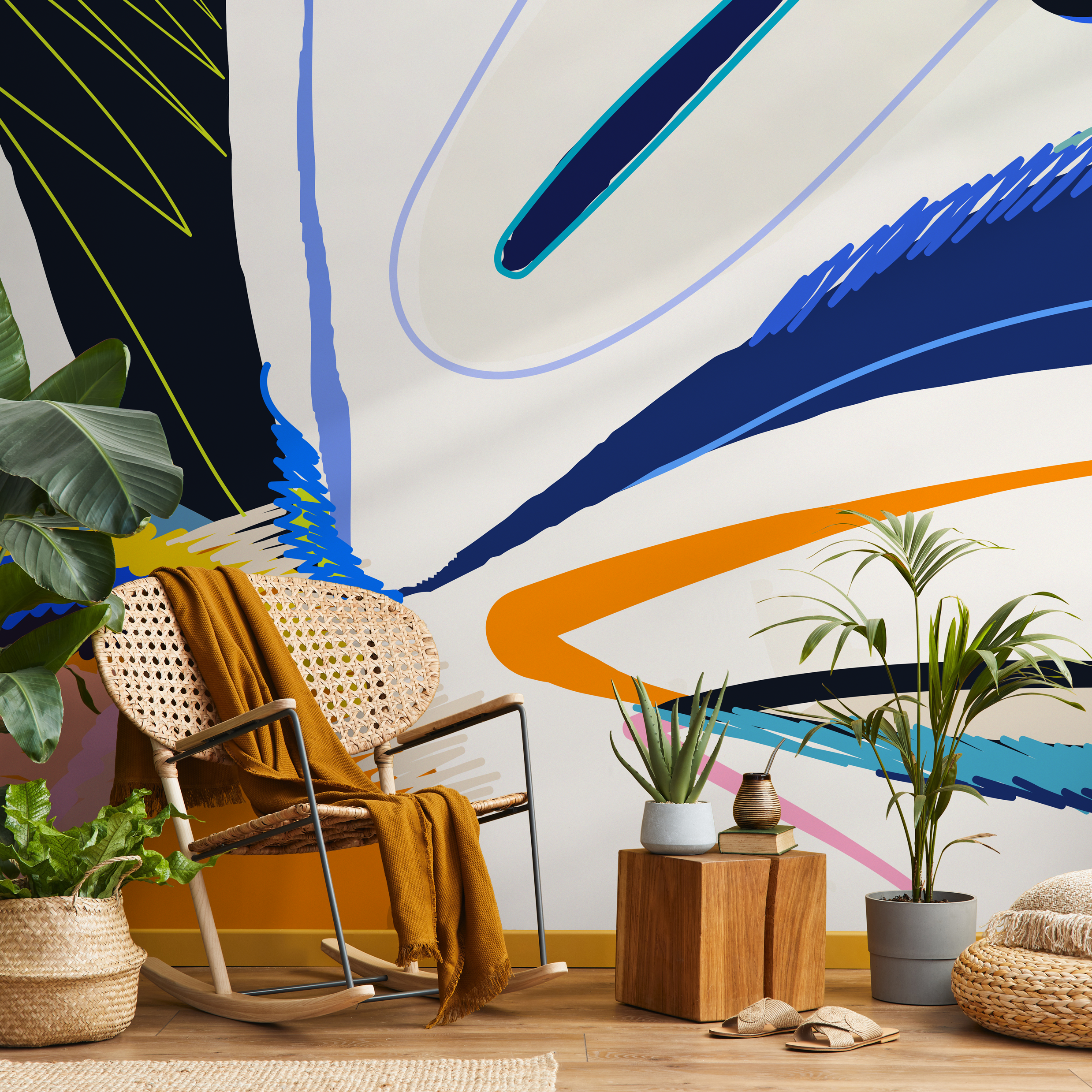 Abstract Wallpaper With Bold Brushstrokes In Blue, Orange, And Black - C447