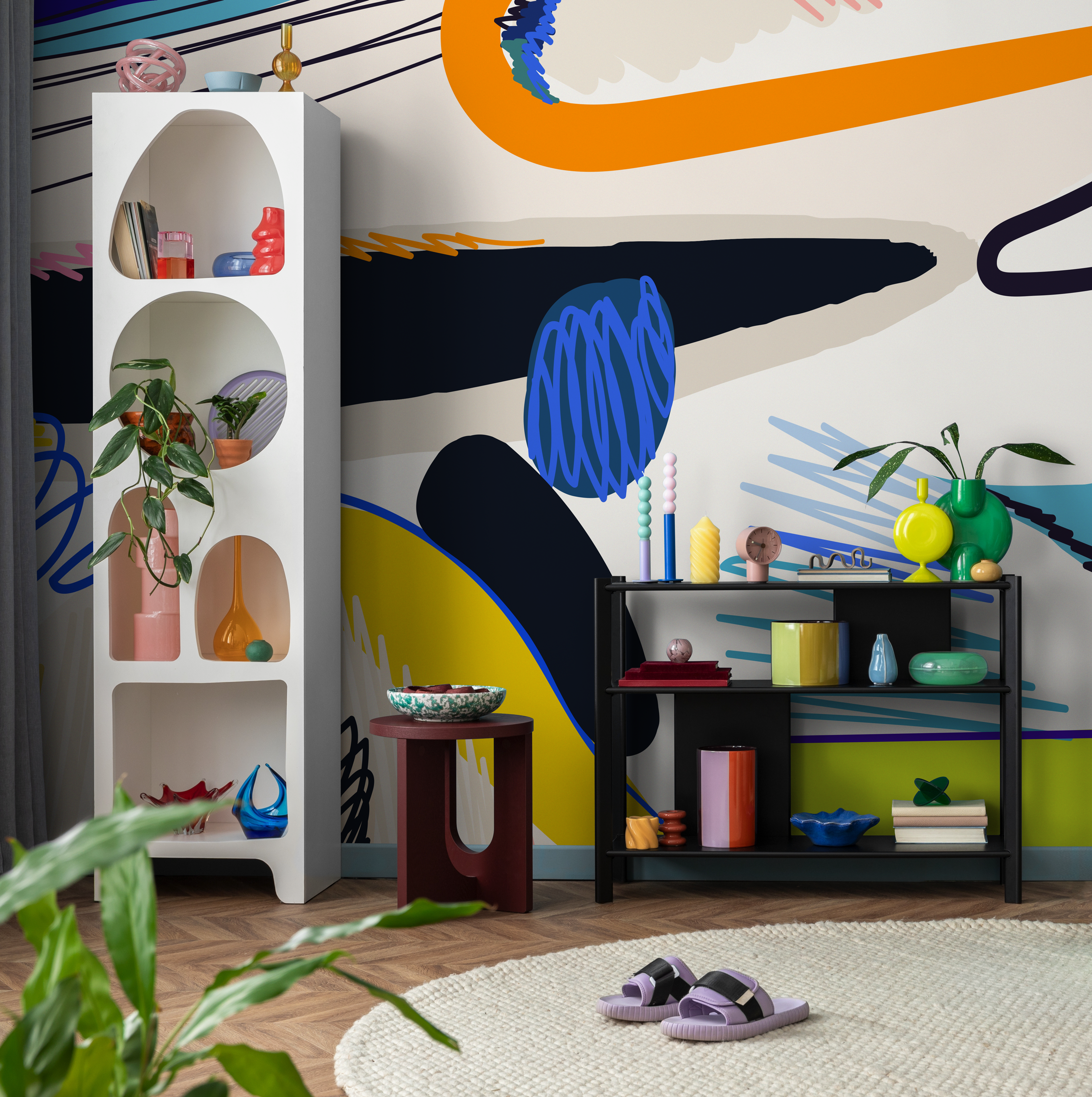 Abstract Wallpaper With Bold Shapes And Scribbles In Blue, Orange, And Yellow - C448