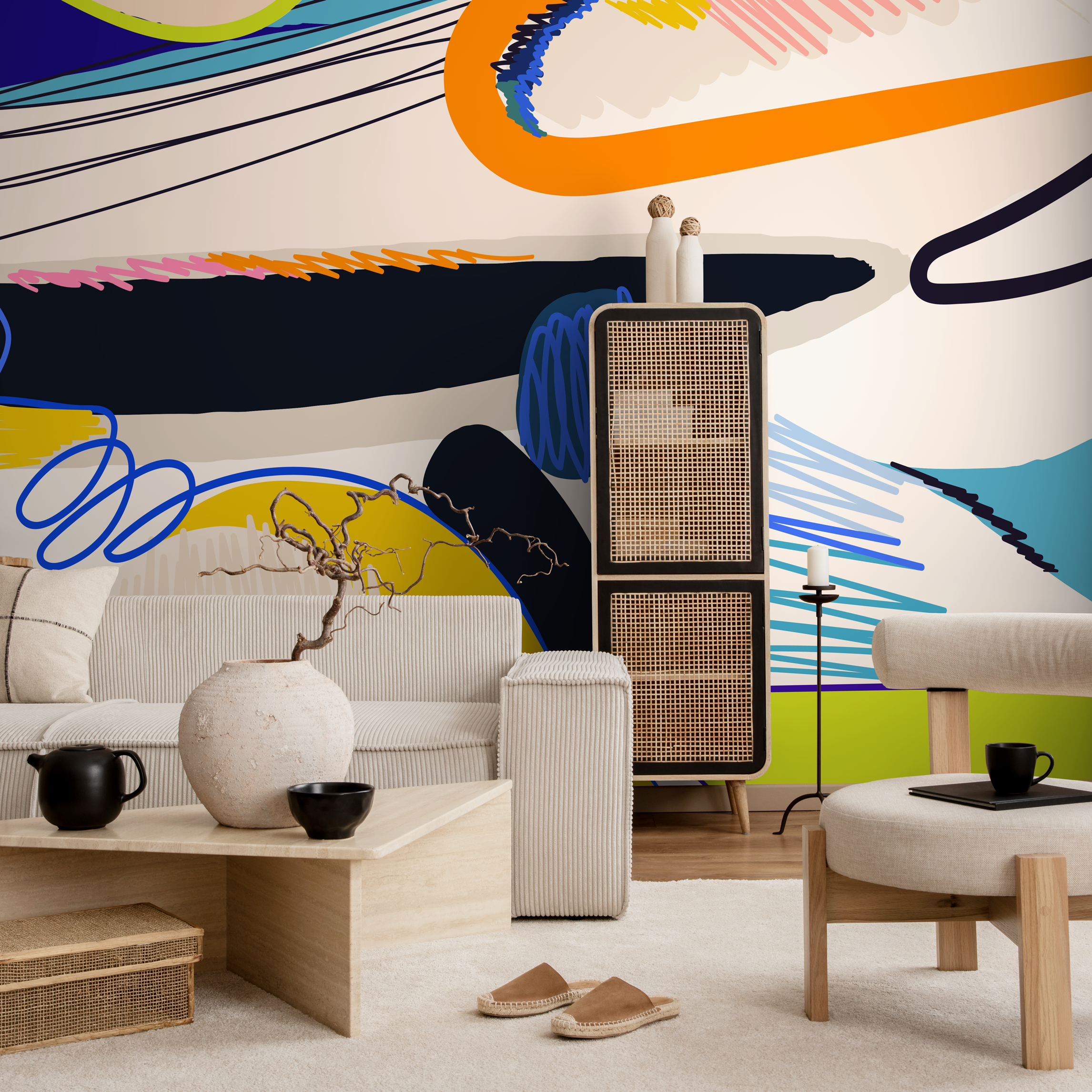 Abstract Wallpaper With Bold Shapes And Scribbles In Blue, Orange, And Yellow - C448