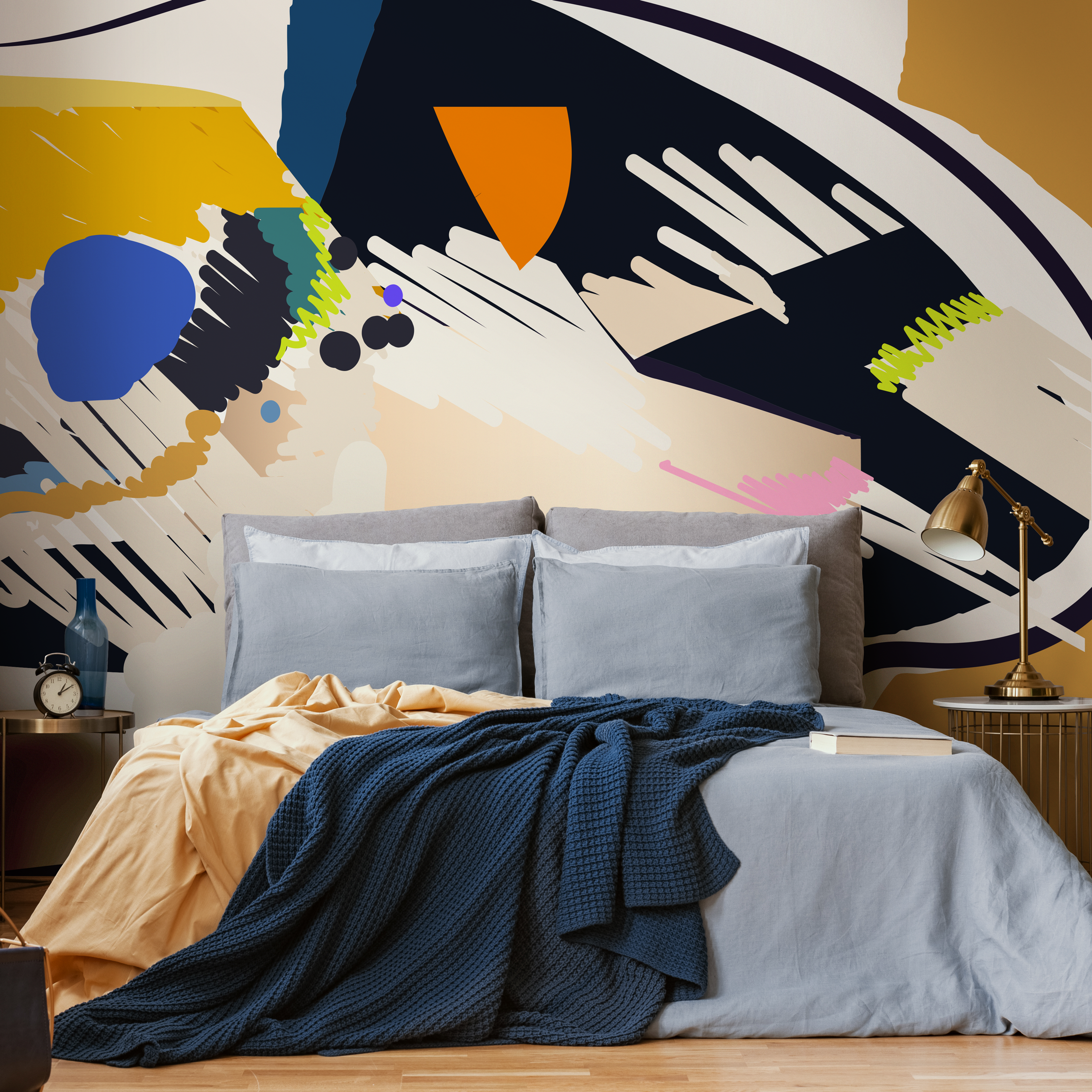 Abstract Wallpaper With Bold Brush Strokes In Blue, Yellow, And Orange - C449