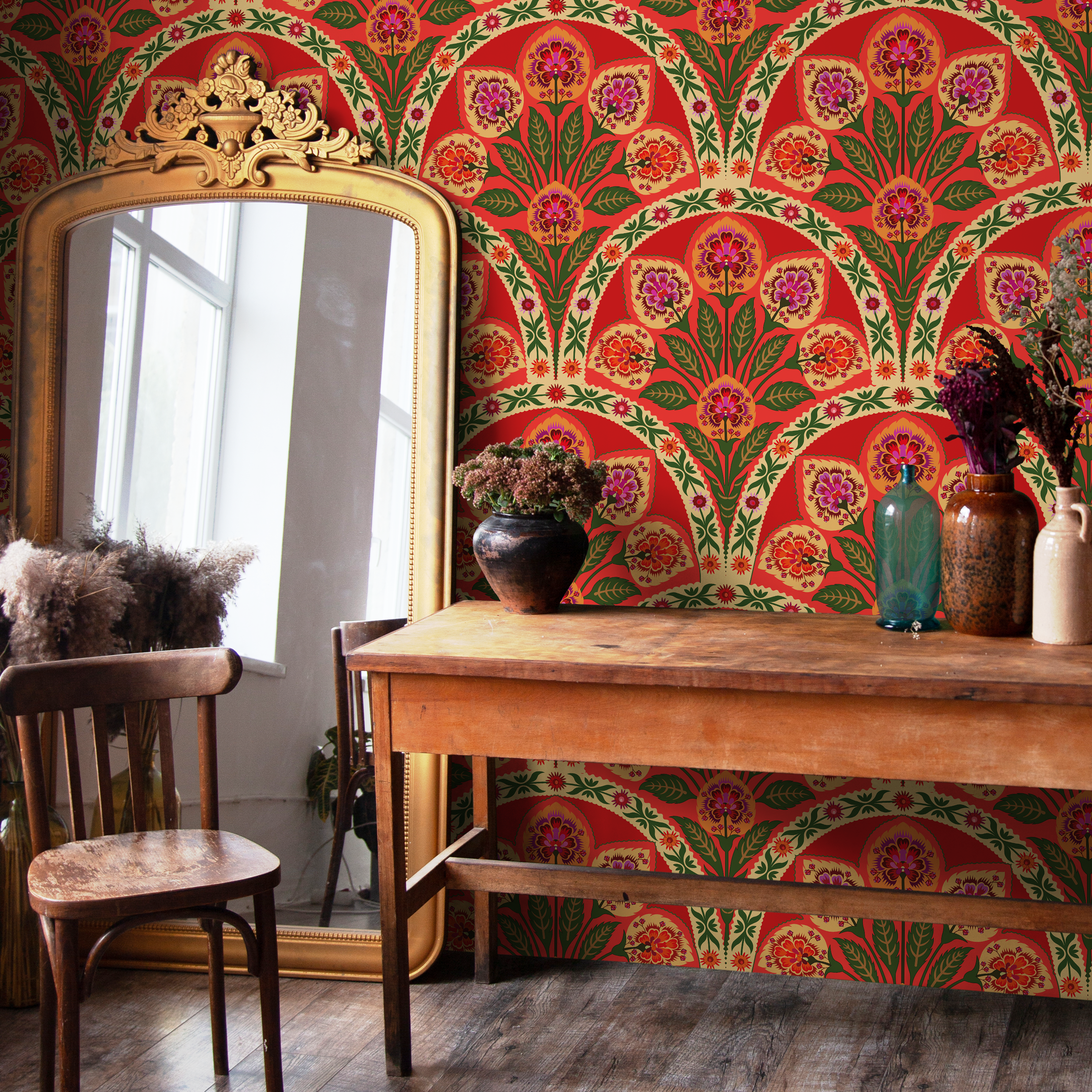 Art Nouveau Wallpaper With An Arched Floral Motif In Red, Green, And Pink - C451