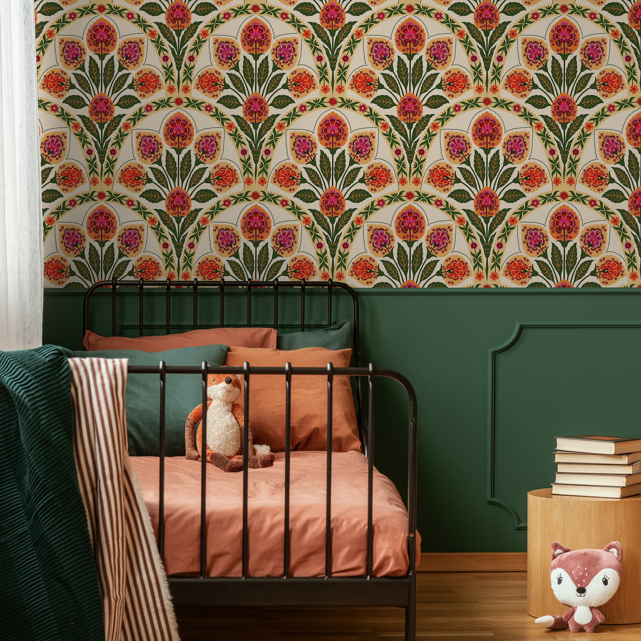 Art Nouveau Wallpaper With Stylized Florals In Green, Orange, And Pink - C452