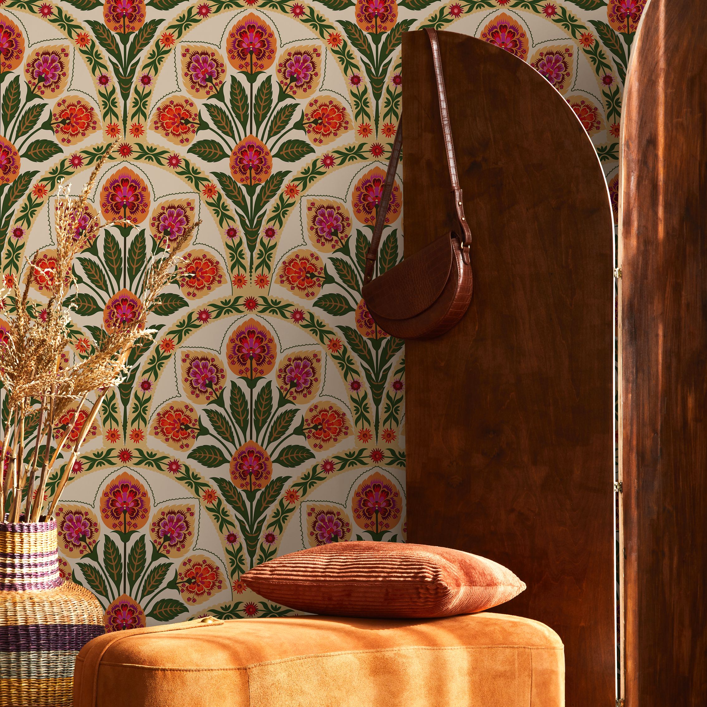 Art Nouveau Wallpaper With Stylized Florals In Green, Orange, And Pink - C452