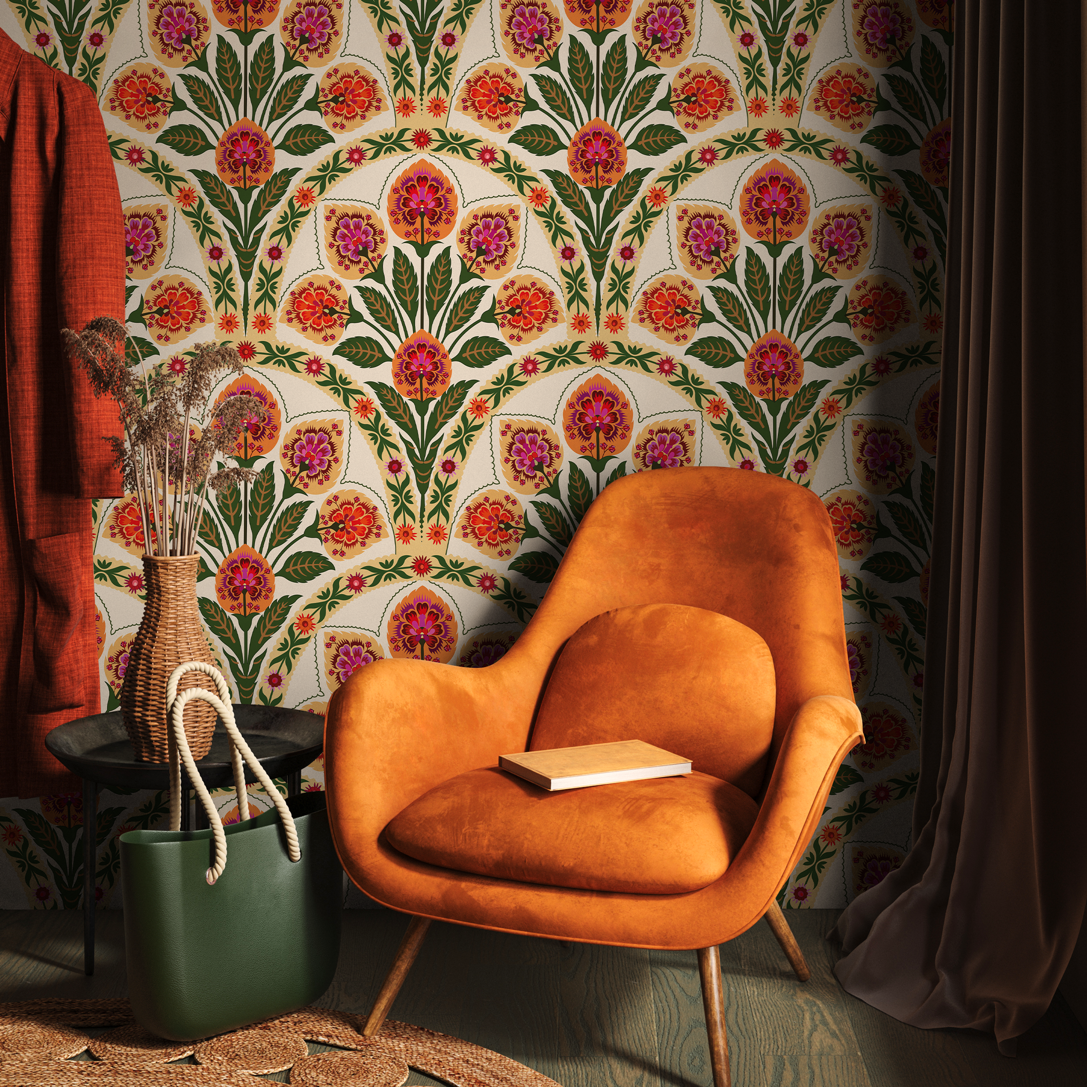 Art Nouveau Wallpaper With Stylized Florals In Green, Orange, And Pink - C452