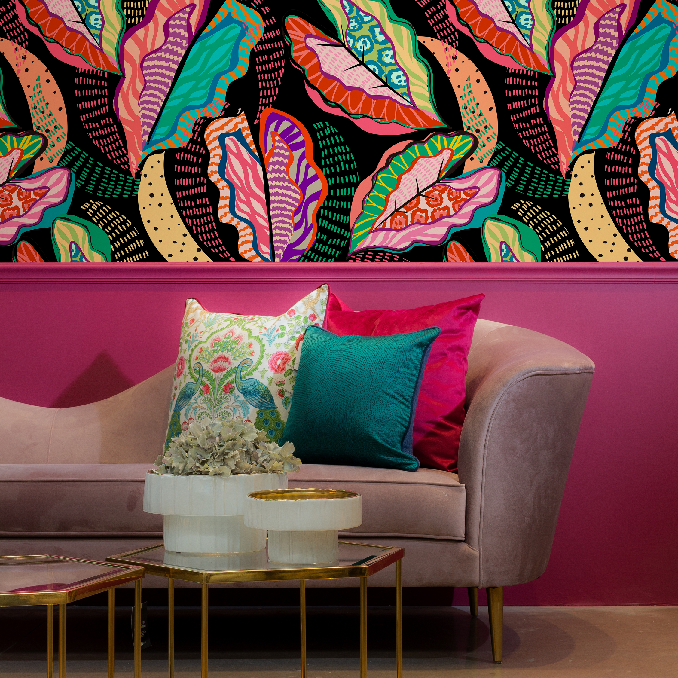 Abstract Wallpaper With Bold Patterned Leaves In Pink, Teal, And Orange - C454