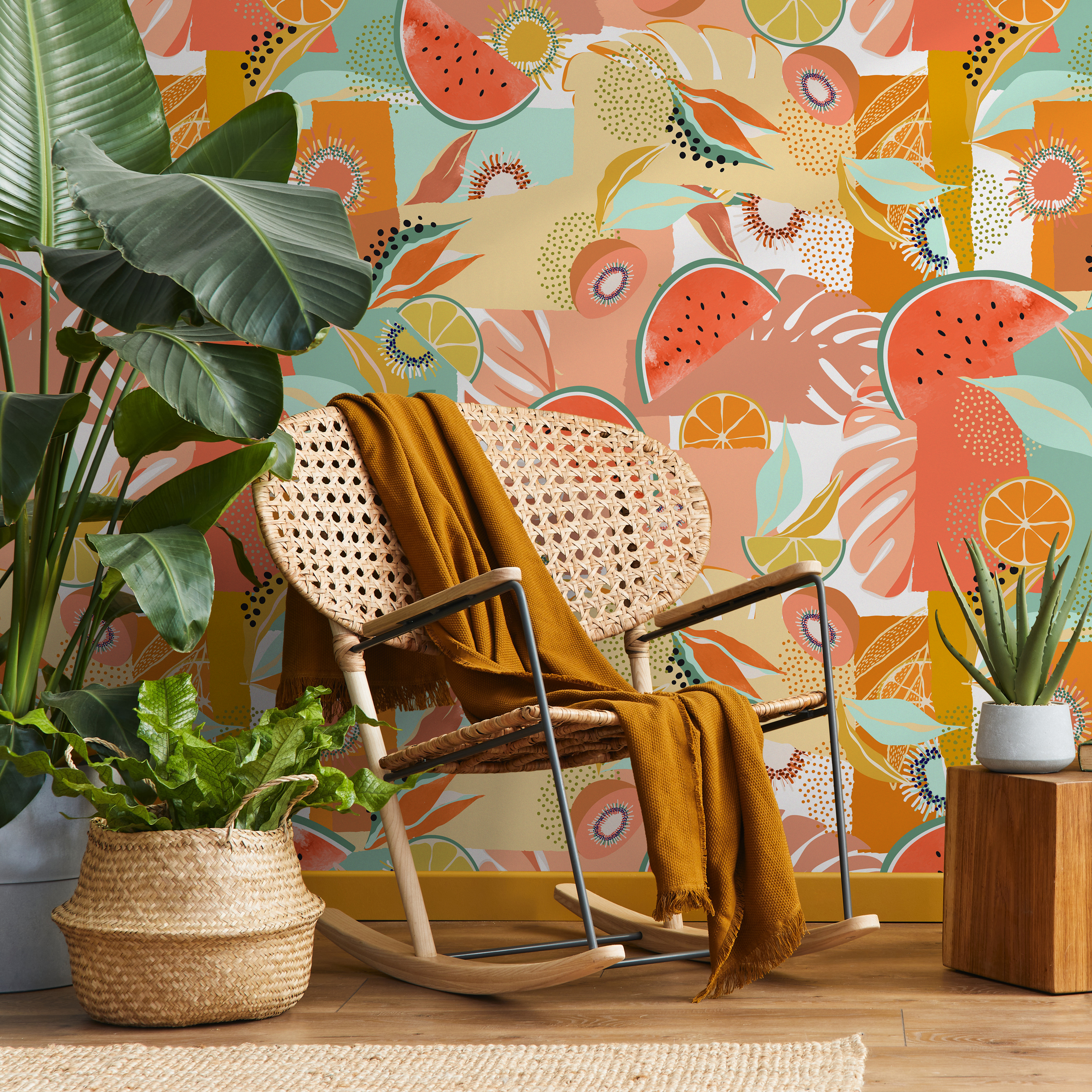 Abstract Wallpaper Featuring A Collage Of Tropical Fruits In Coral, Green, And Yellow - C456