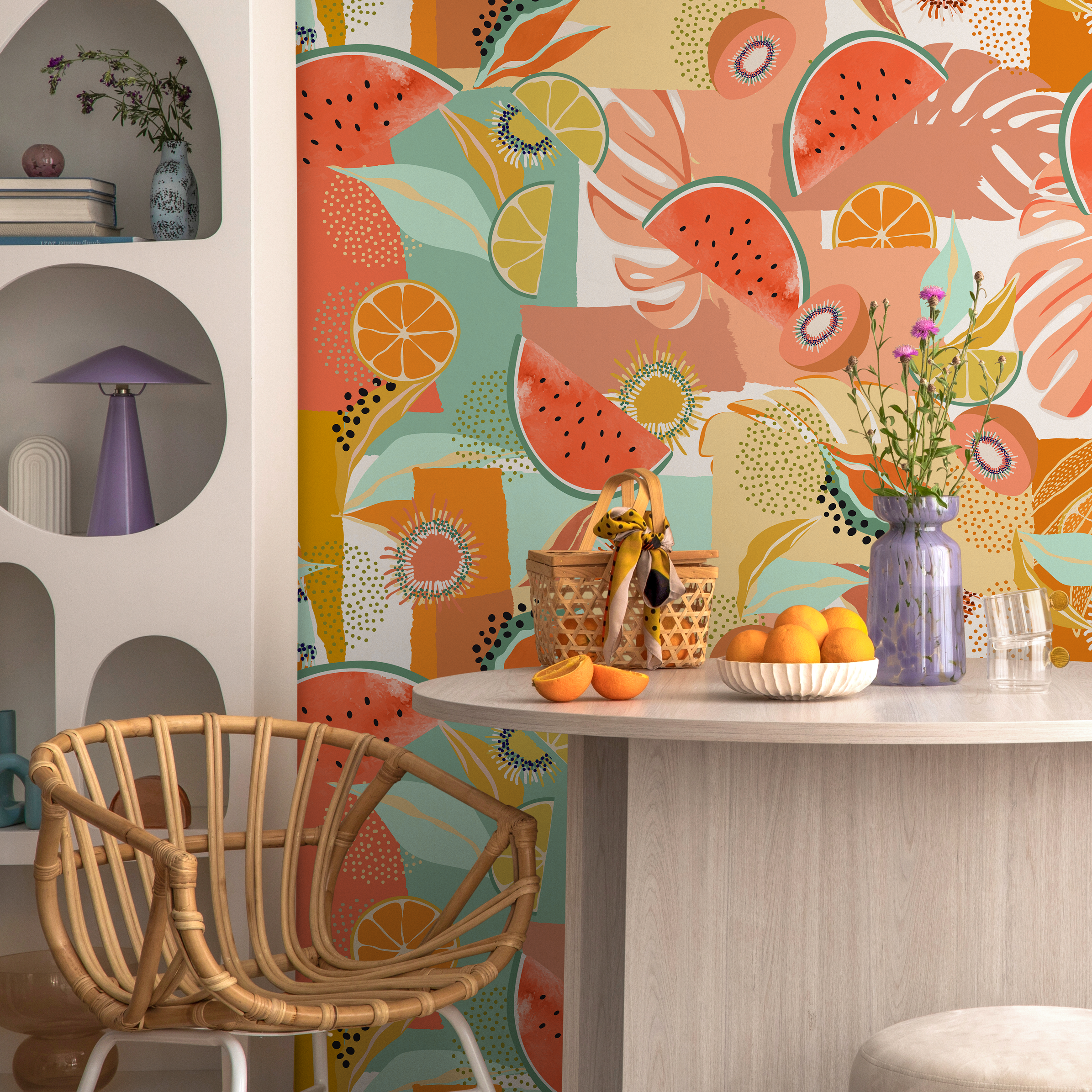 Abstract Wallpaper Featuring A Collage Of Tropical Fruits In Coral, Green, And Yellow - C456