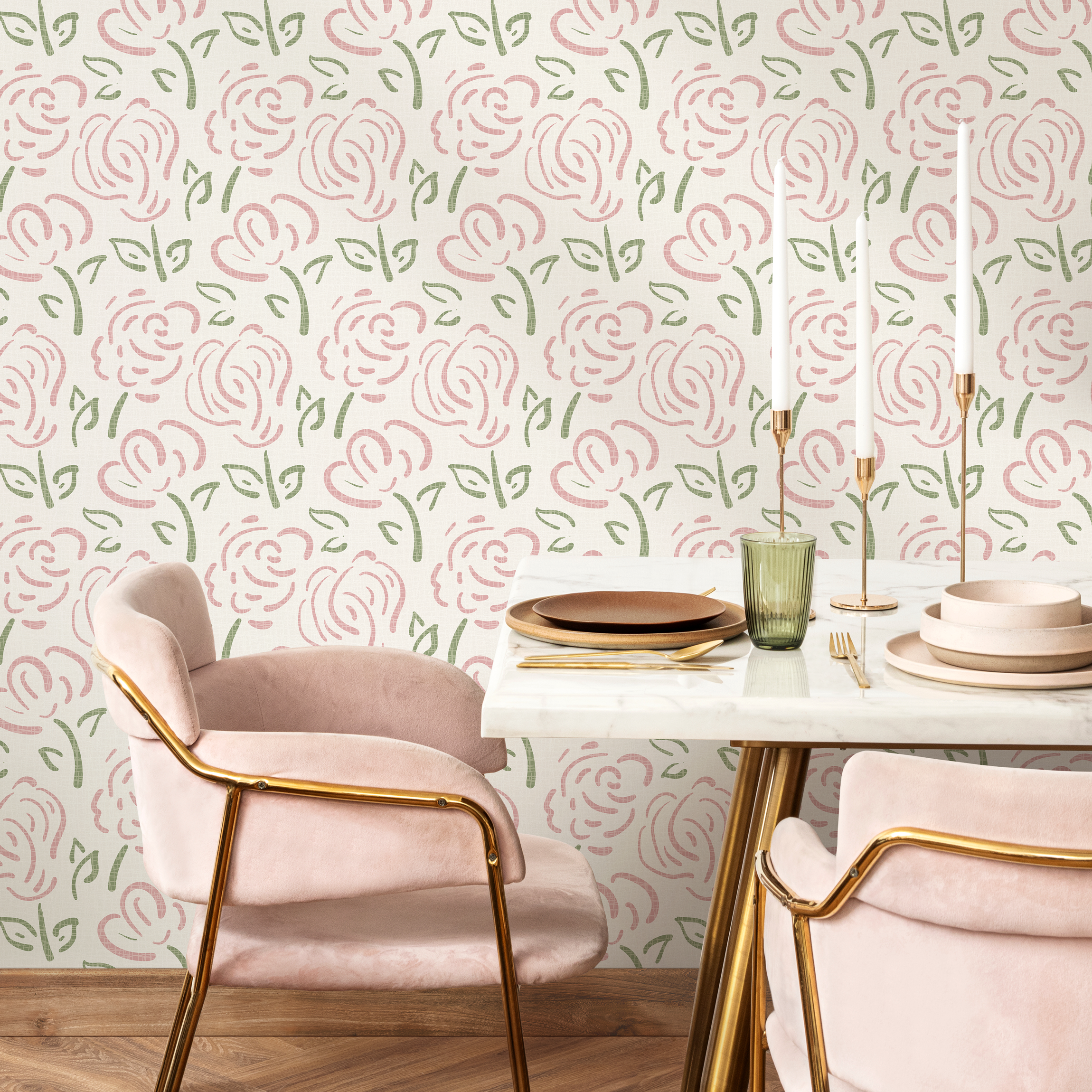 Floral Wallpaper Featuring Sketched Roses In Pink And Green - C457