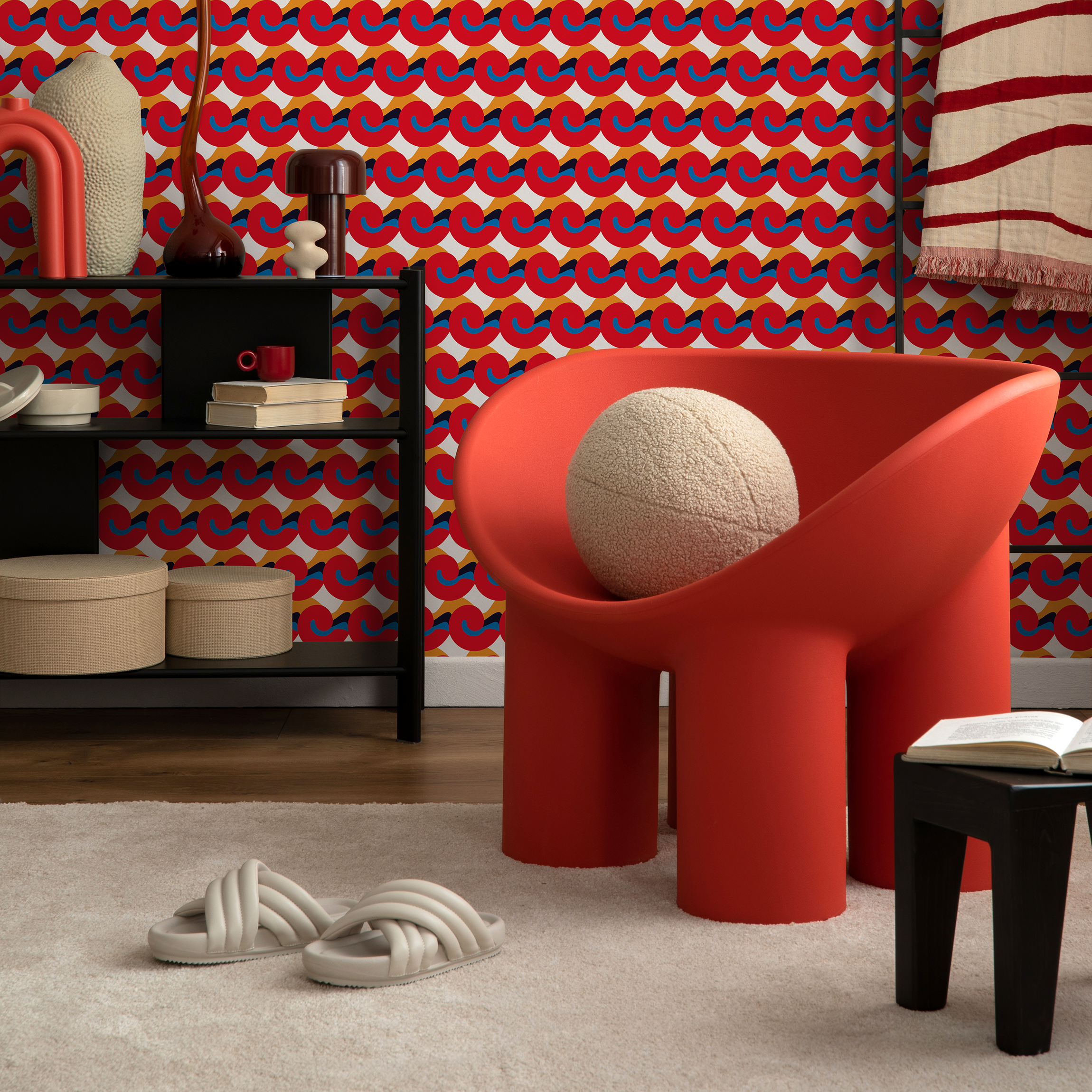 Geometric Wallpaper With Abstract Curved Shapes In Red, Blue, And Gold - C458