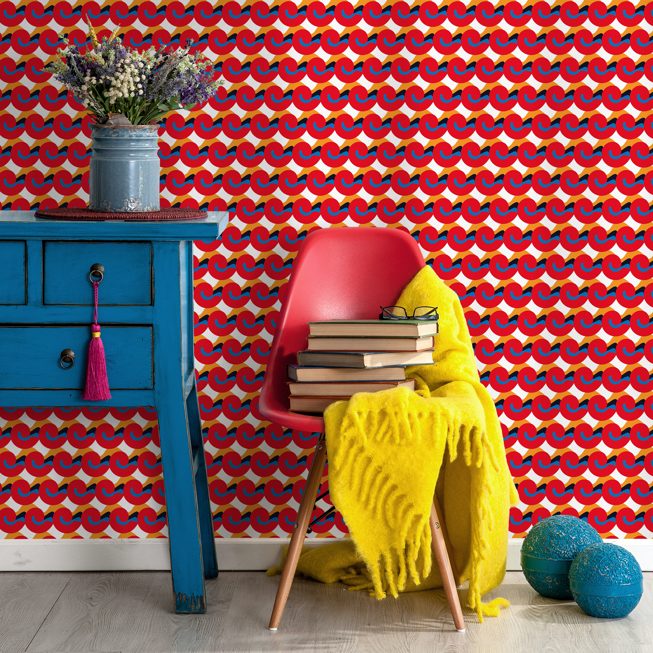Geometric Wallpaper With Abstract Curved Shapes In Red, Blue, And Gold - C458
