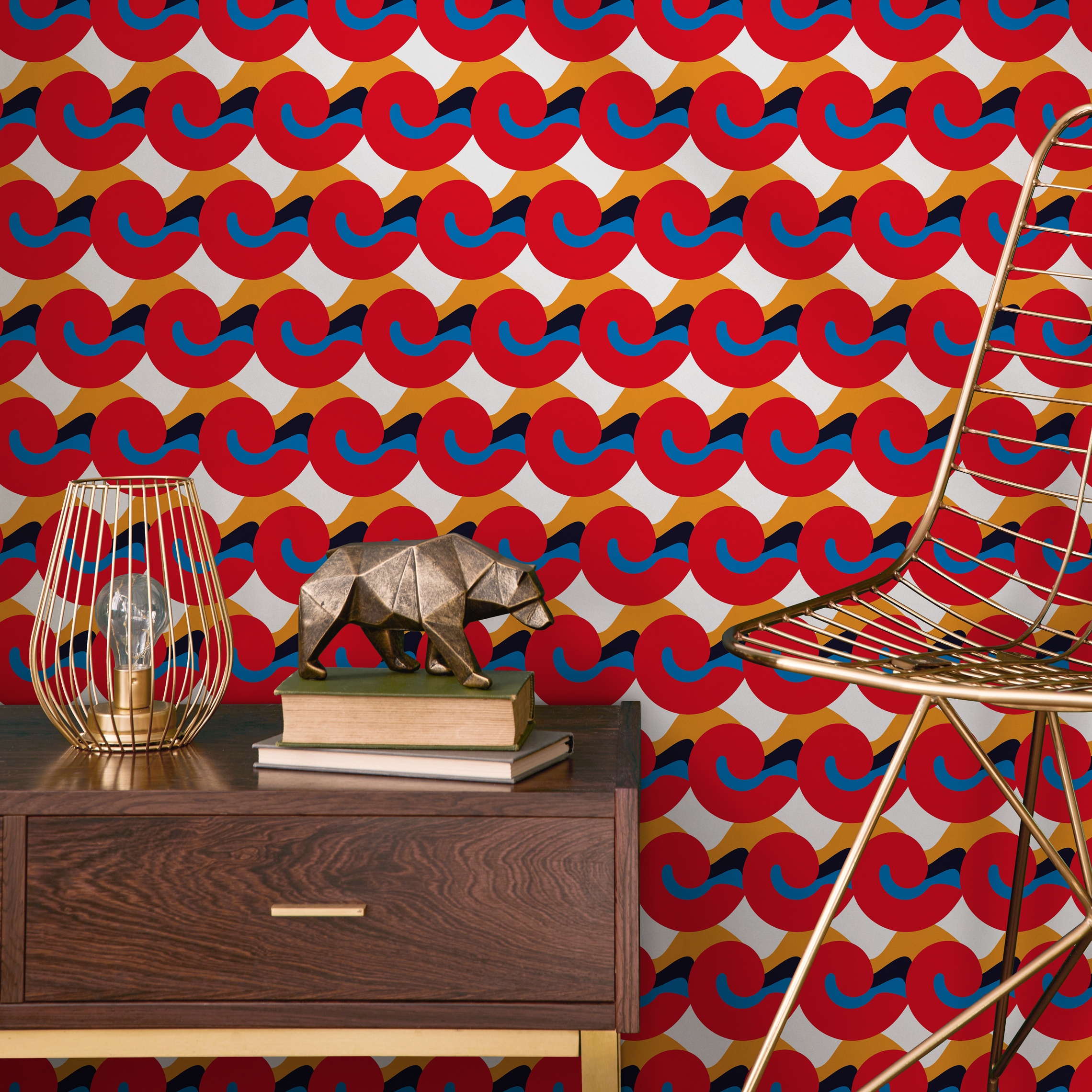 Geometric Wallpaper With Abstract Curved Shapes In Red, Blue, And Gold - C458