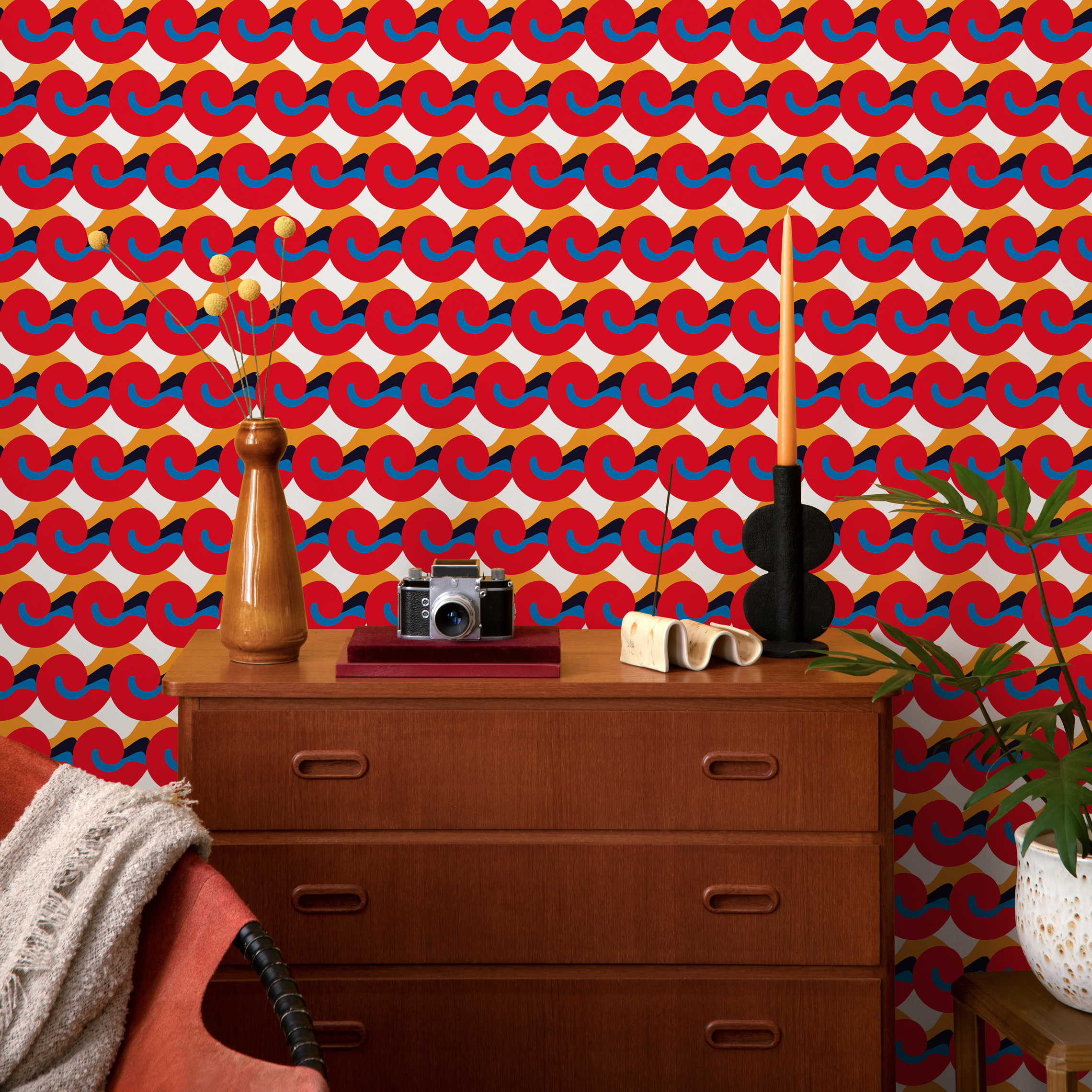 Geometric Wallpaper With Abstract Curved Shapes In Red, Blue, And Gold - C458