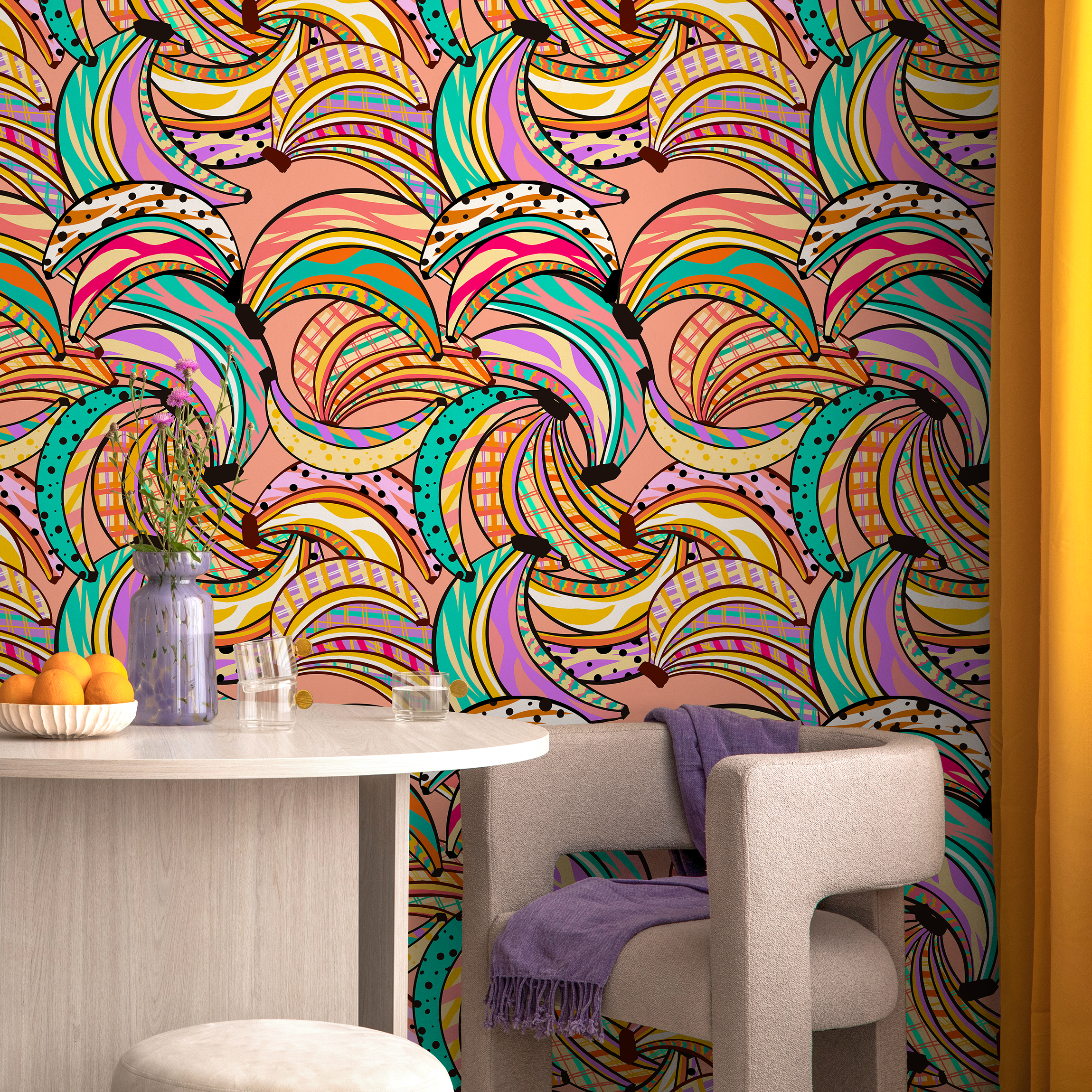Abstract Wallpaper With A Graphic Banana Motif In Pink, Yellow, And Turquoise - C460