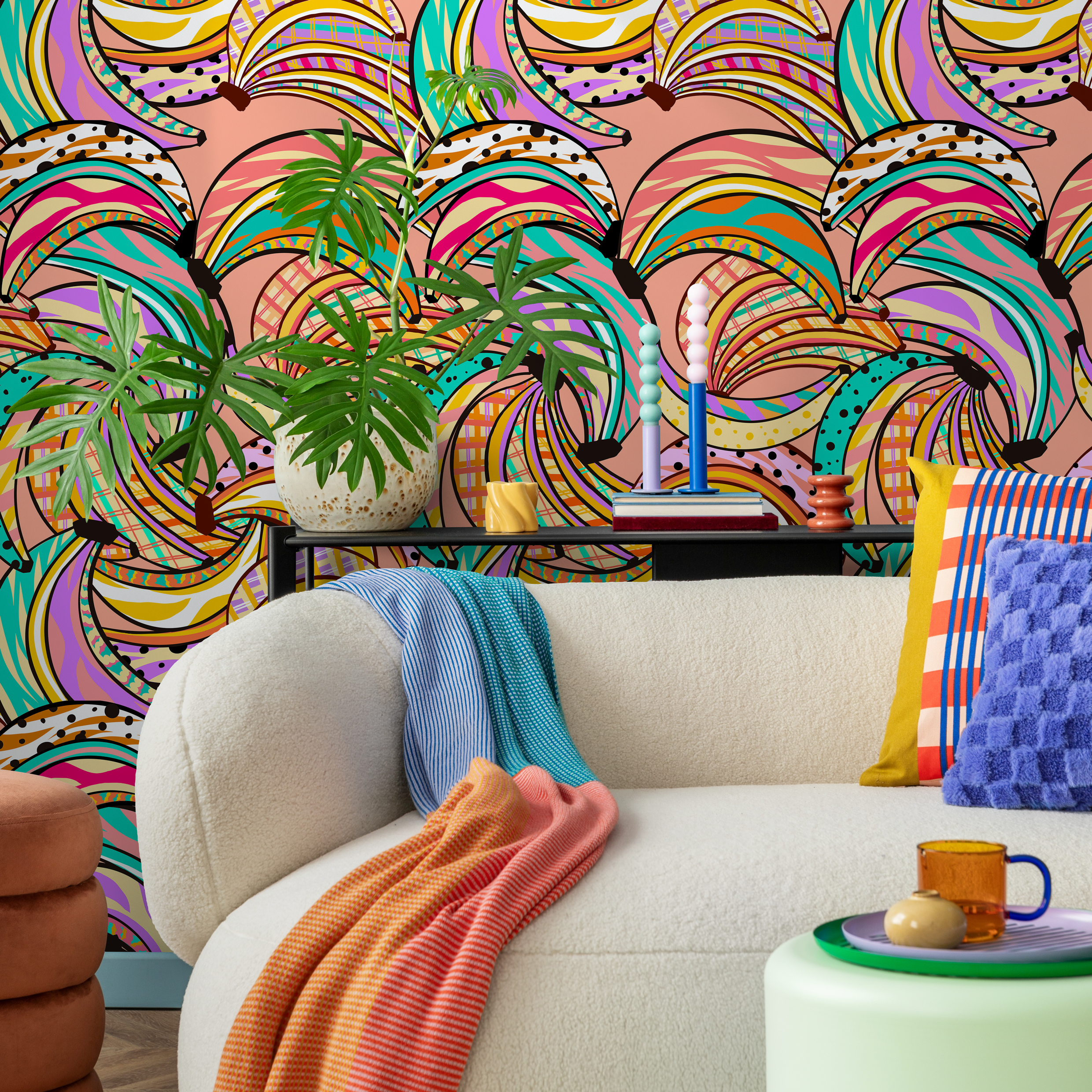 Abstract Wallpaper With A Graphic Banana Motif In Pink, Yellow, And Turquoise - C460