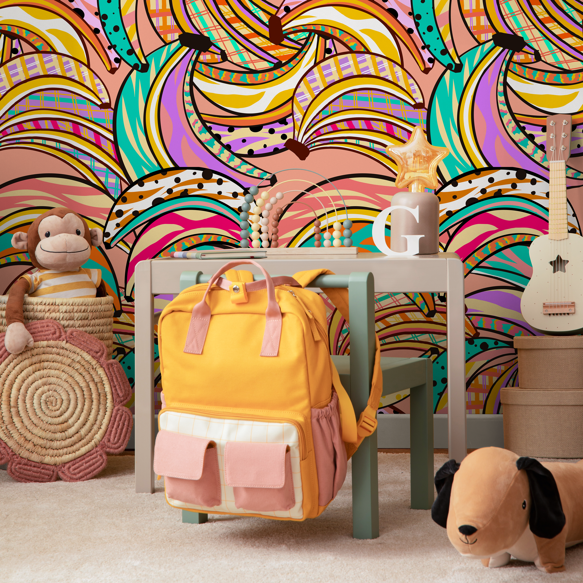 Abstract Wallpaper With A Graphic Banana Motif In Pink, Yellow, And Turquoise - C460