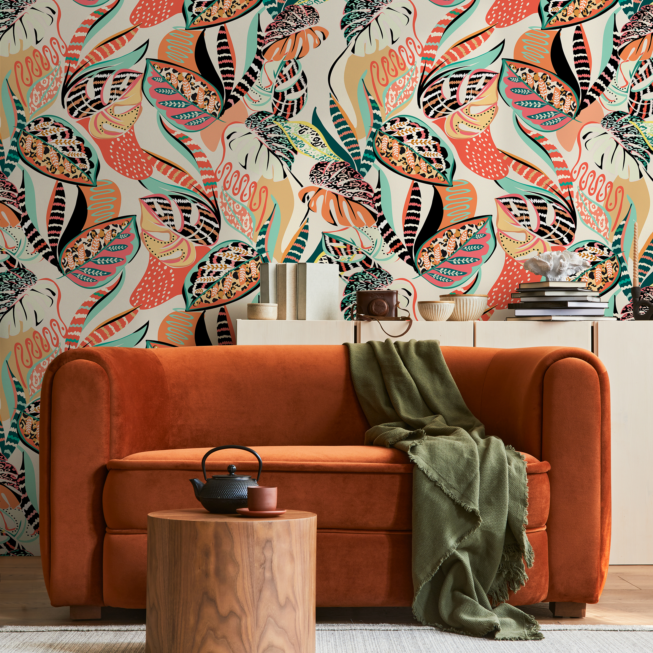 Abstract Wallpaper With Eclectic Botanical Forms In Coral, Teal, And Black - C461
