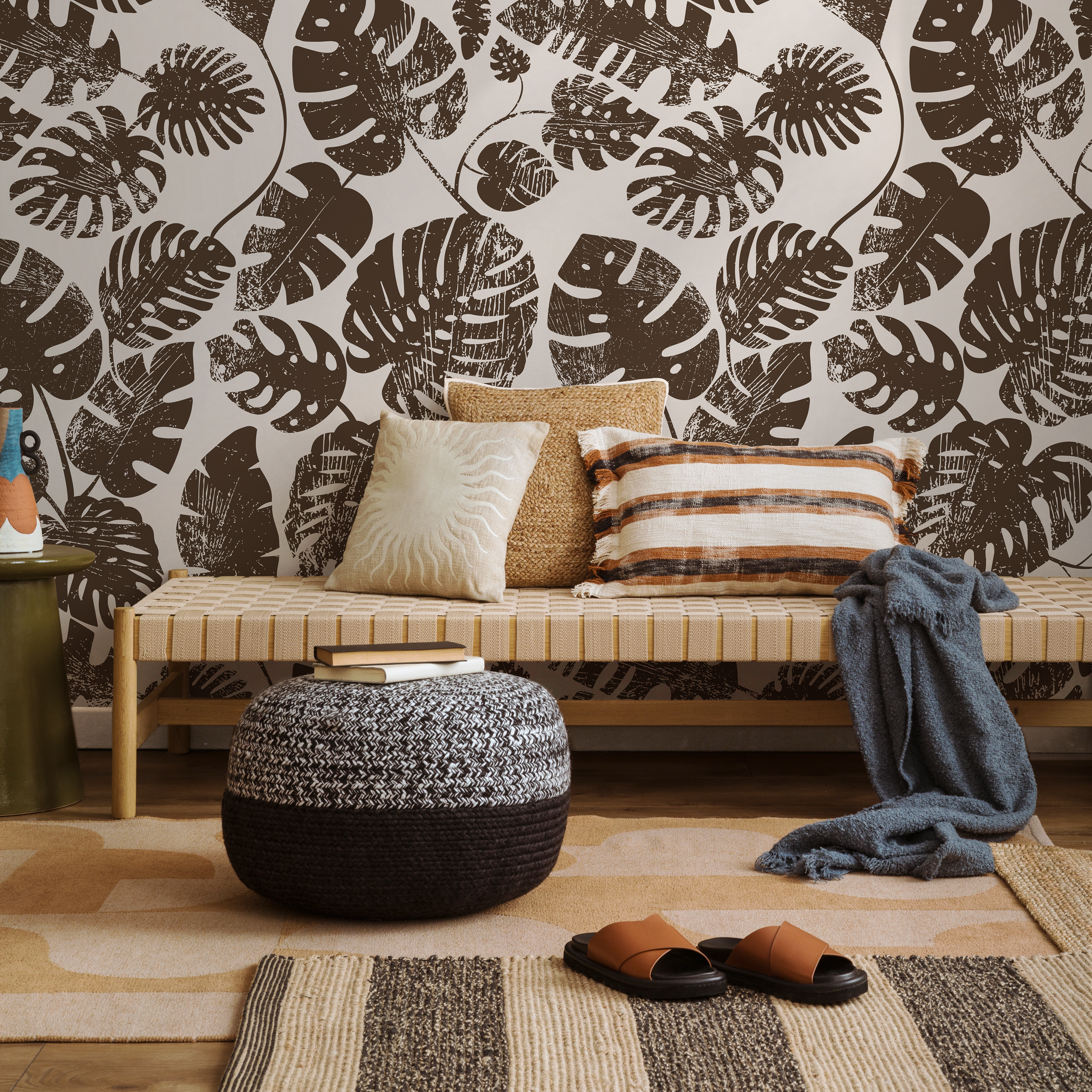 Botanical Wallpaper With Distressed Monstera Leaves In Brown - C462