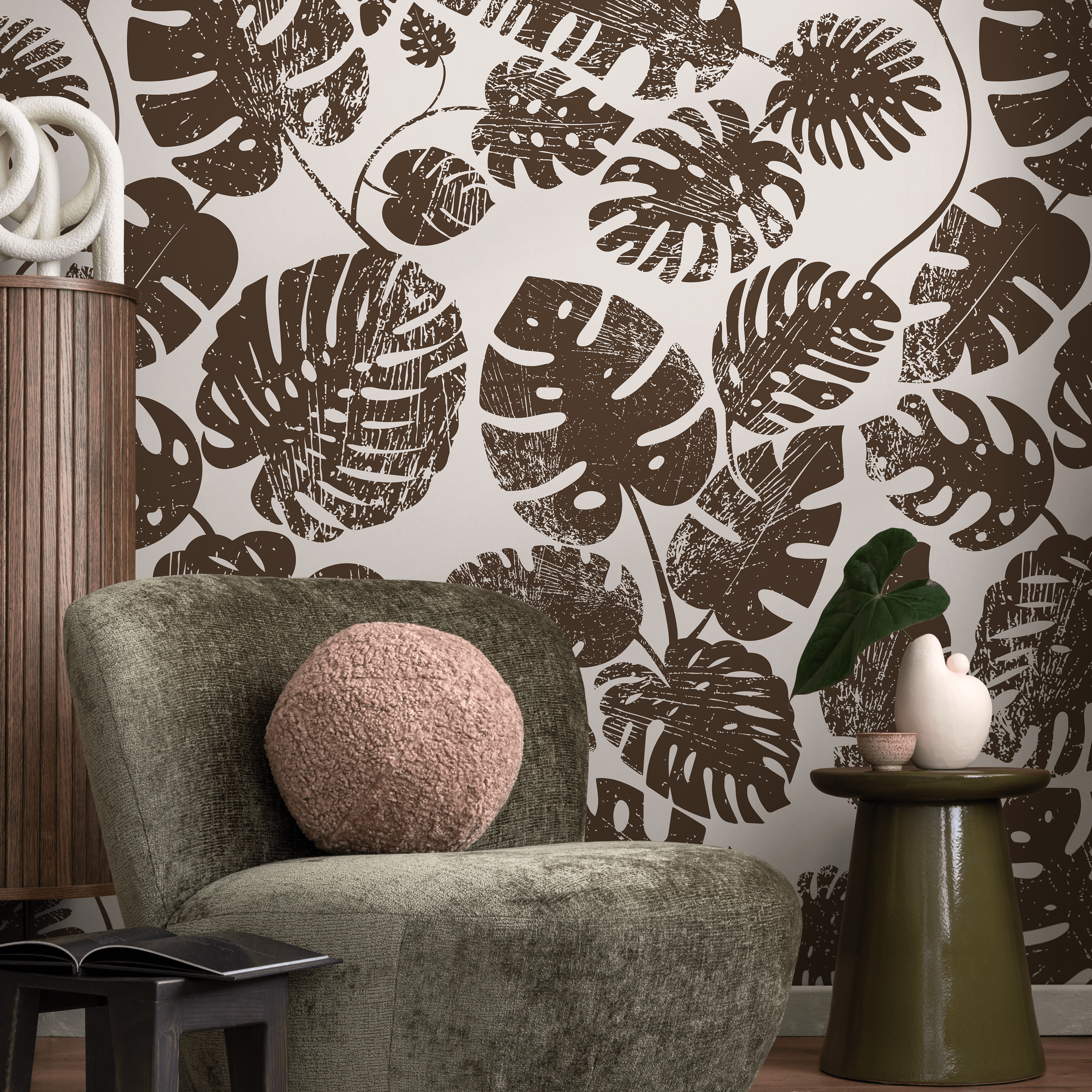 Botanical Wallpaper With Distressed Monstera Leaves In Brown - C462