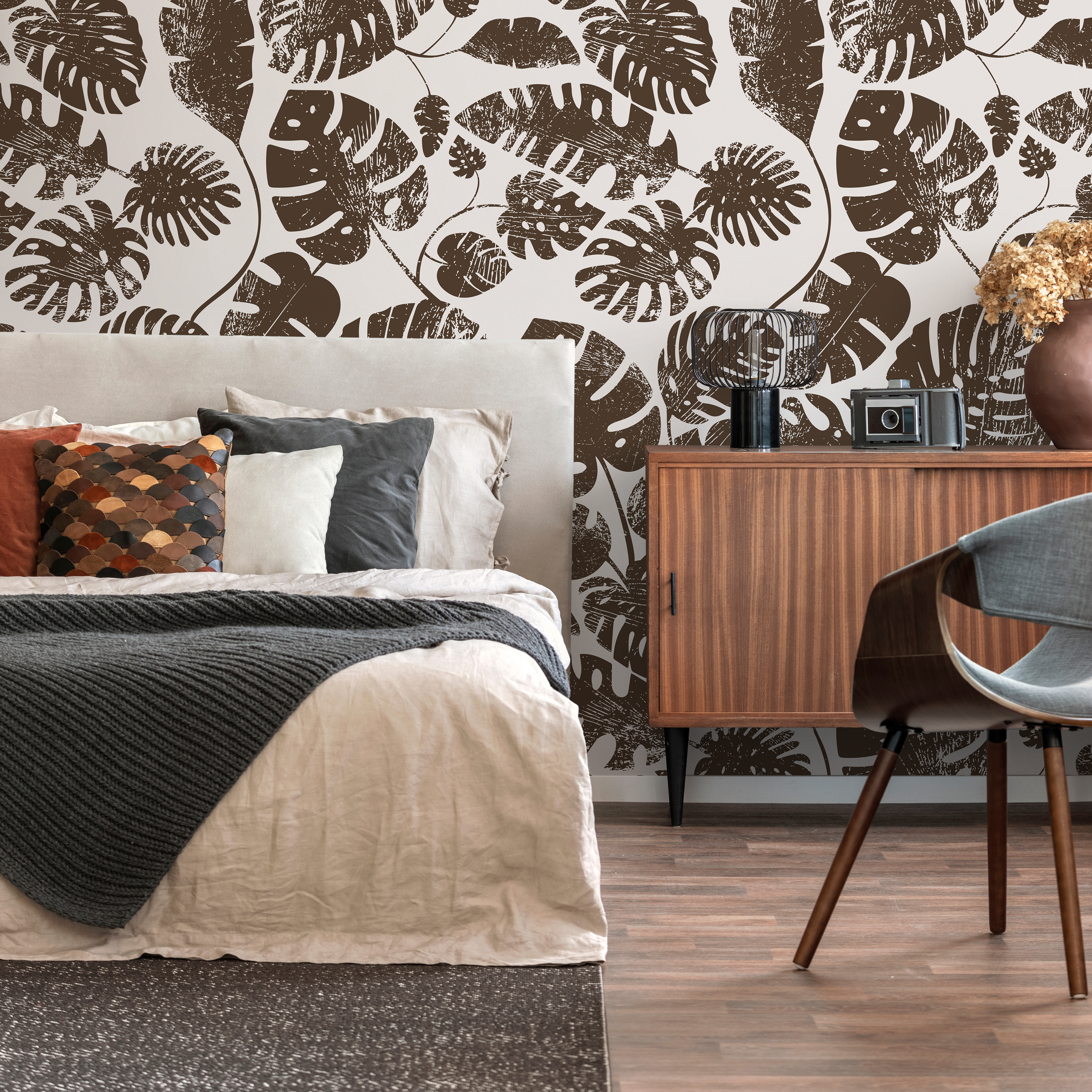 Botanical Wallpaper With Distressed Monstera Leaves In Brown - C462