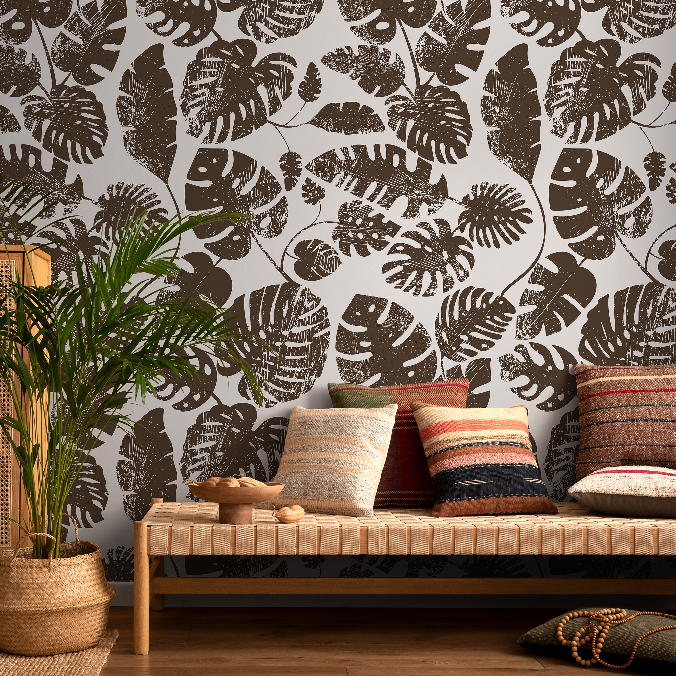Botanical Wallpaper With Distressed Monstera Leaves In Brown - C462