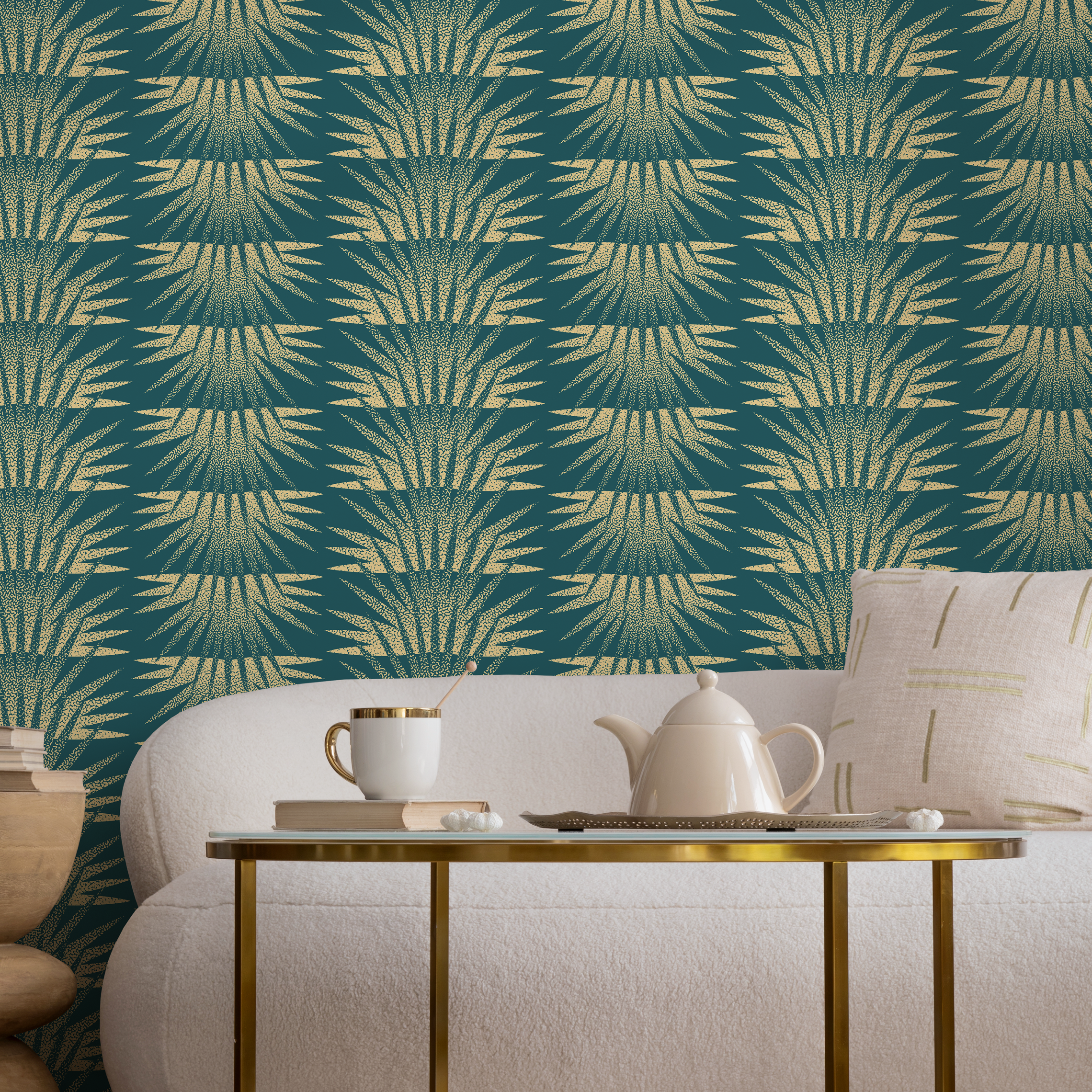 Art Deco Wallpaper With A Stippled Sunburst Motif In Teal And Gold - C463