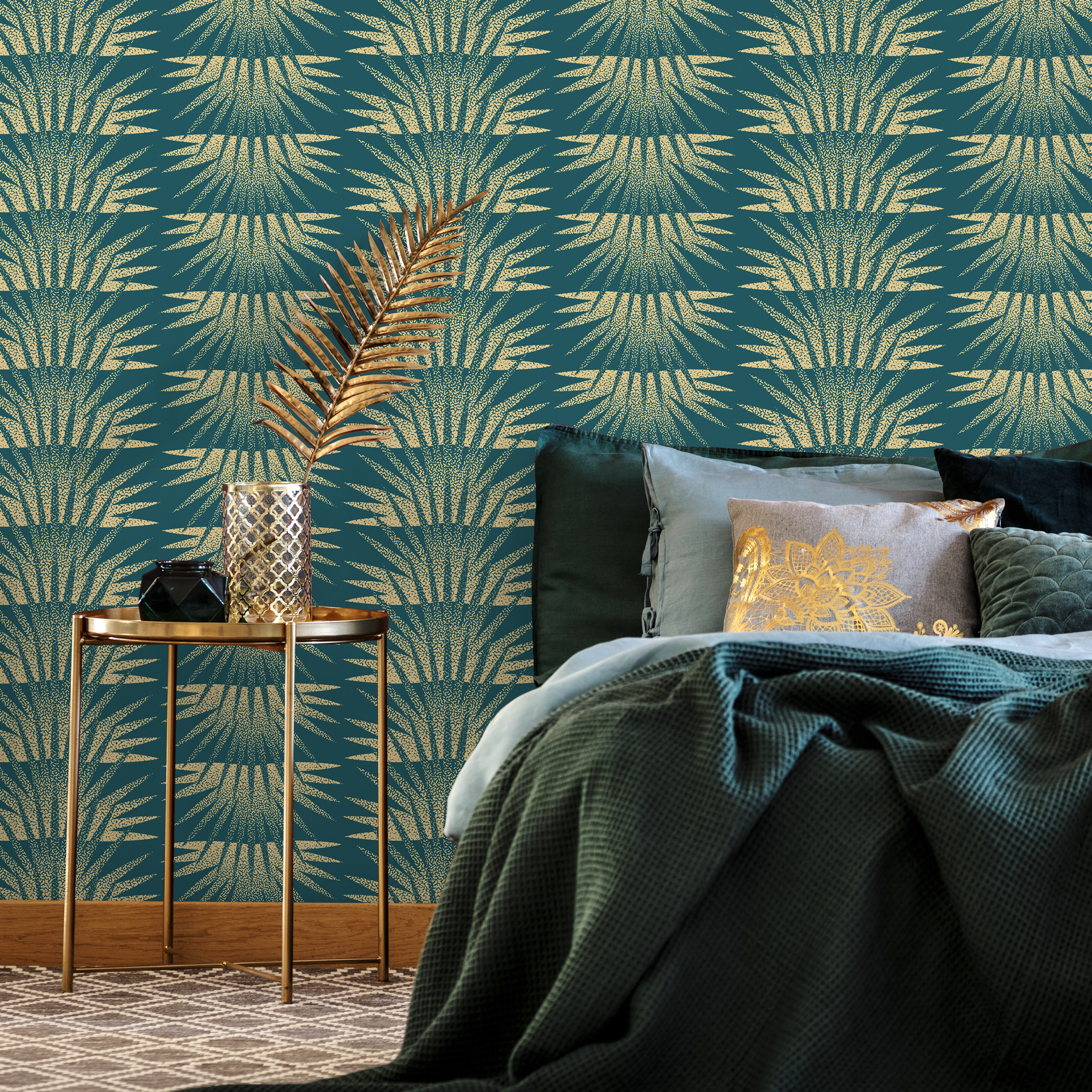 Art Deco Wallpaper With A Stippled Sunburst Motif In Teal And Gold - C463