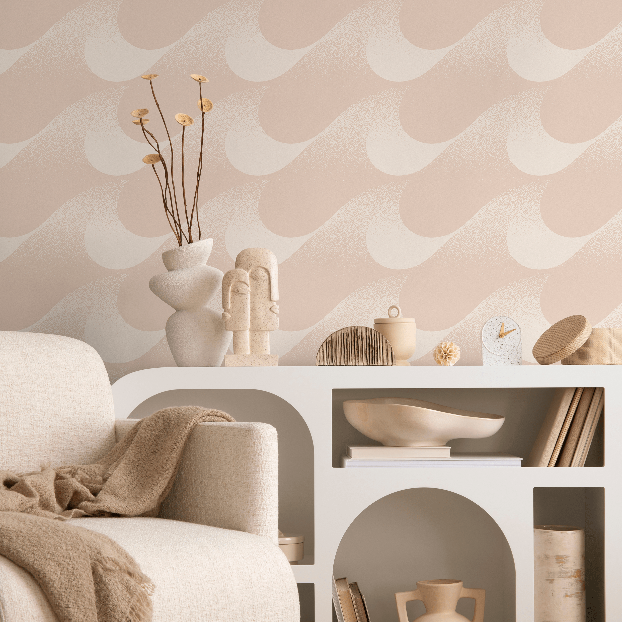 Abstract Wallpaper With A Stippled Wave Pattern In Beige And Cream - C465