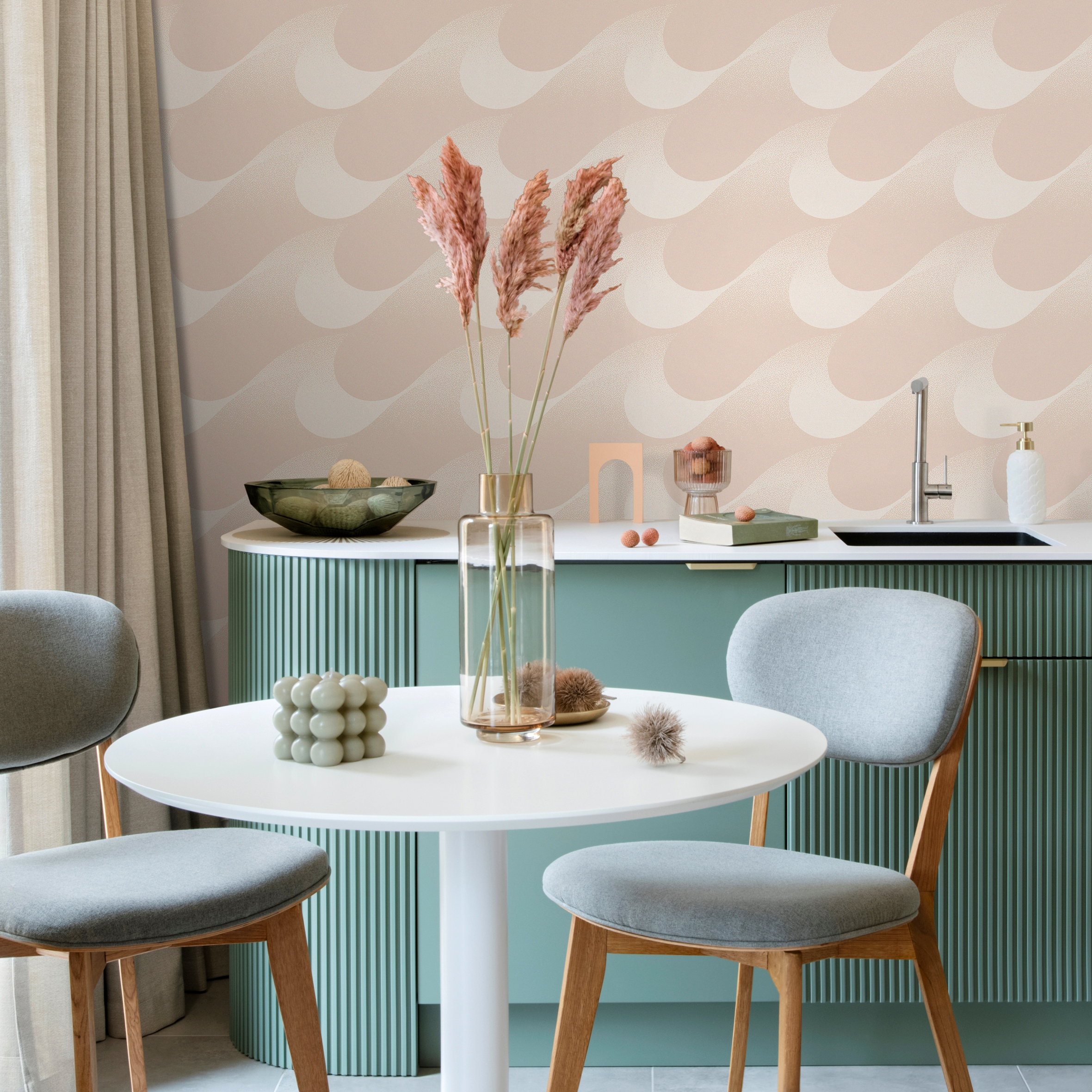 Abstract Wallpaper With A Stippled Wave Pattern In Beige And Cream - C465